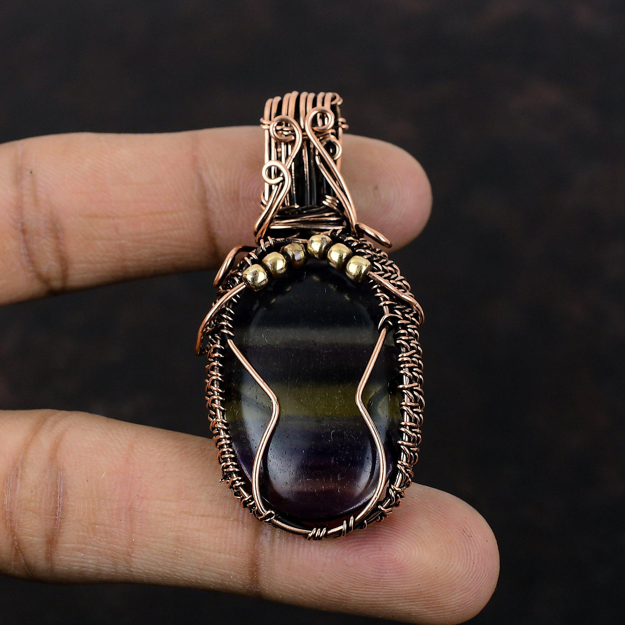 Multi Fluorite Pendant Copper Wire Wrapped Pendant Copper Jewelry Handmade Pendant Genuine Gemstone Jewelry Gift For Women Wire Wrap Jewelry