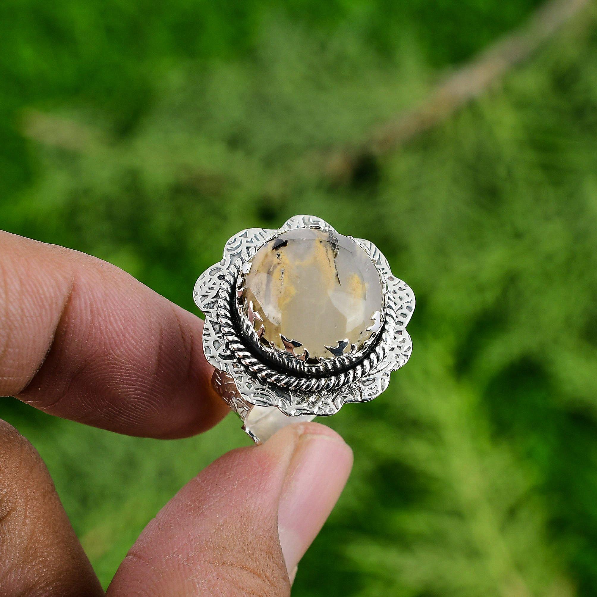 Wedding Gift For Her 925 Silver Natural Plume Agate Multi Stone Adjustable Ring