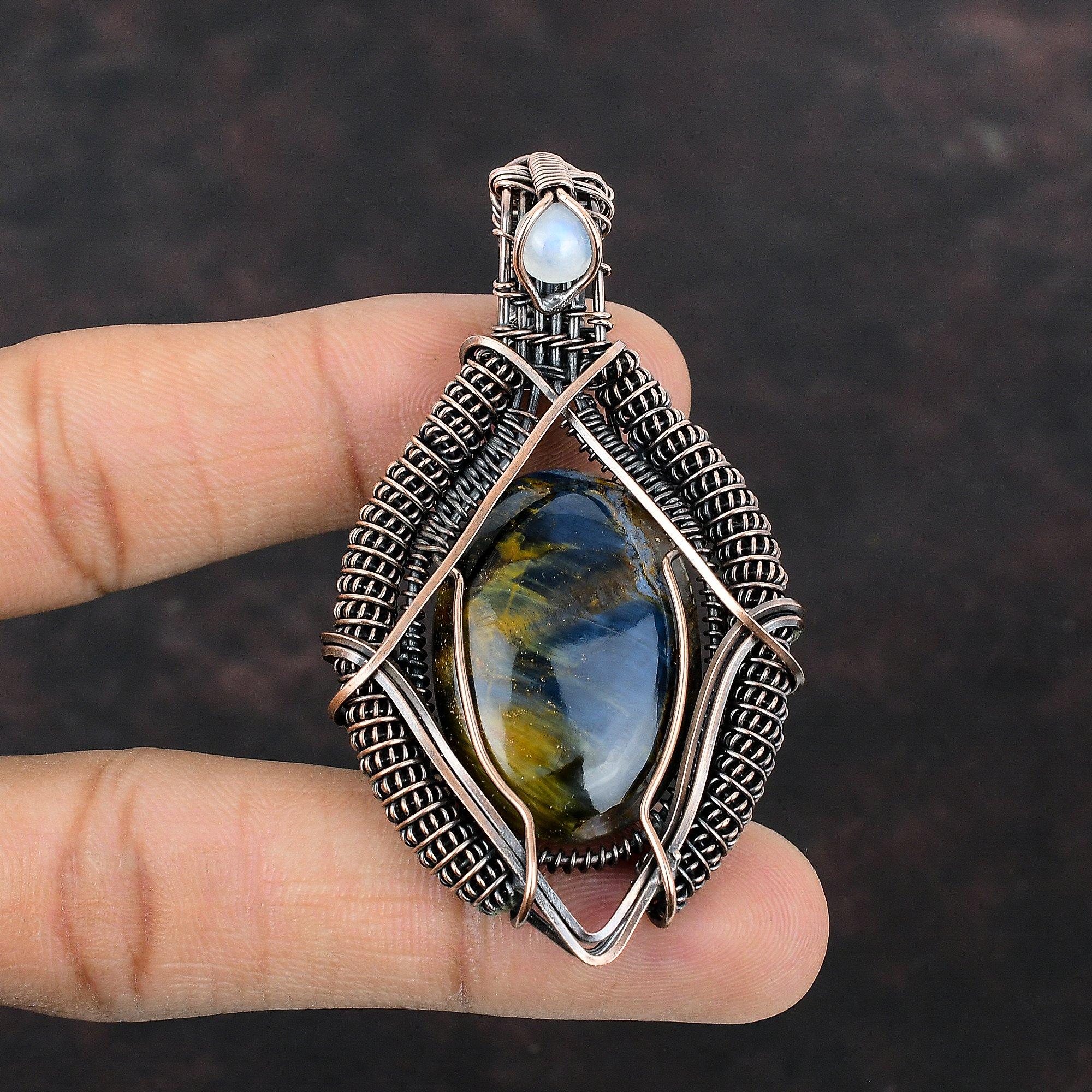 Подвеска из питерсита, обернутая медной проволокой, подвеска из радужного лунного камня, драгоценный камень, подвеска ручной работы, медные украшения, подарок для мамы, украшения из питерсита