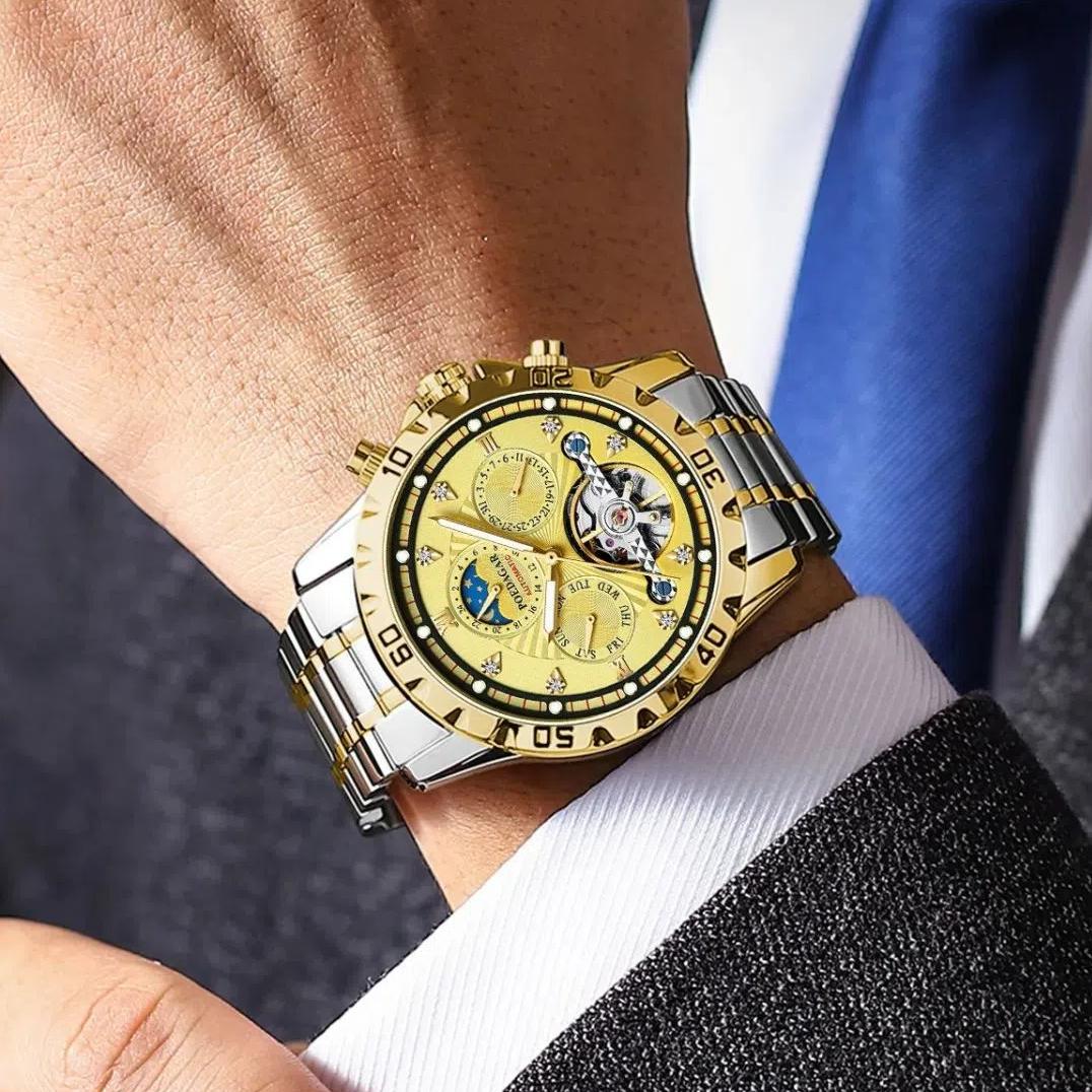 POEDAGAR Роскошные мужские золотые автоматические механические часы с фазой Луны и турбийоном наручные часы с автоматической датой и неделей из нержавеющей стали
