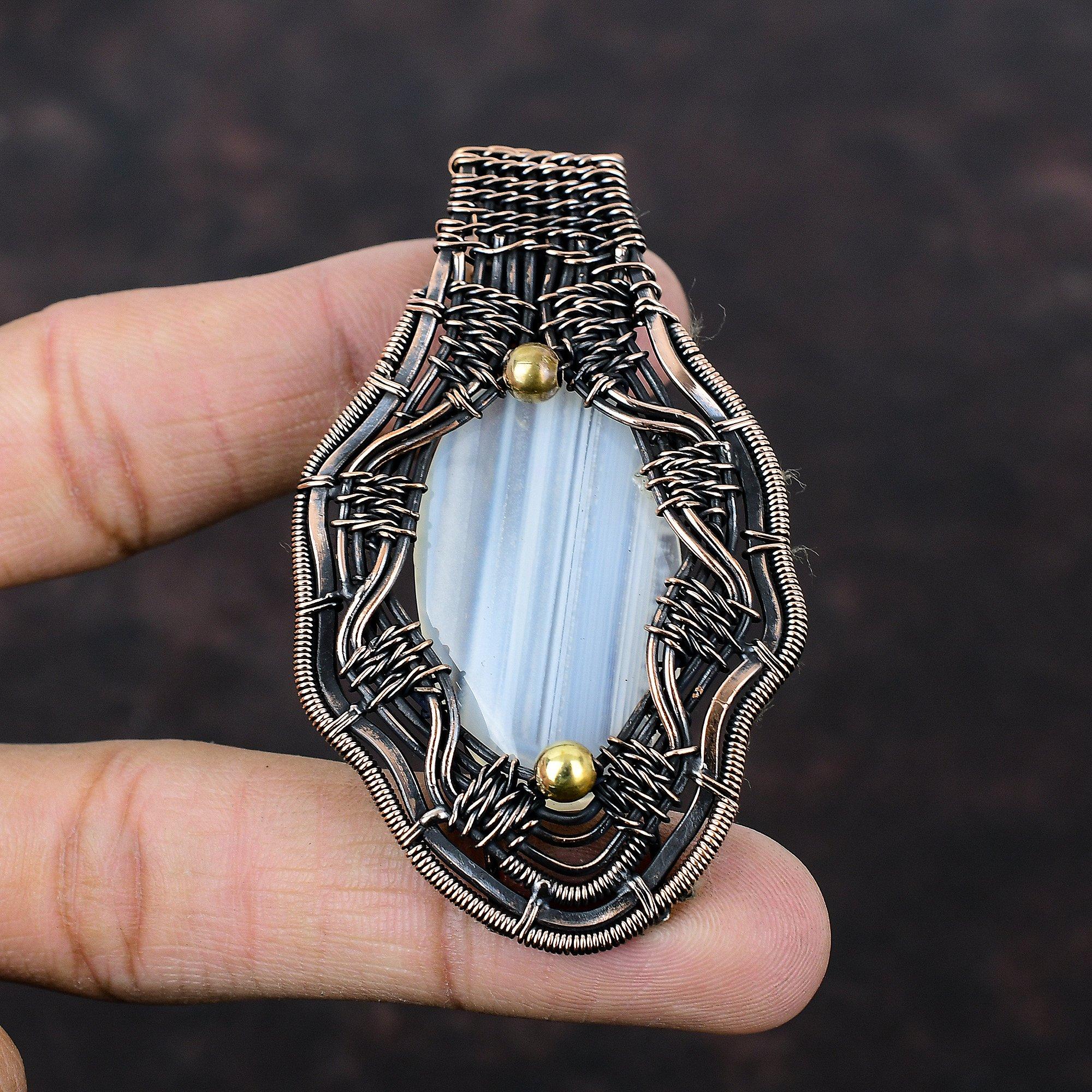 Кулон с агатом Ботсваны, медная проволока, кулон, драгоценный камень, медные украшения, изысканный кулон ручной работы, ювелирное изделие, завернутое в проволоку, подарок на юбилей