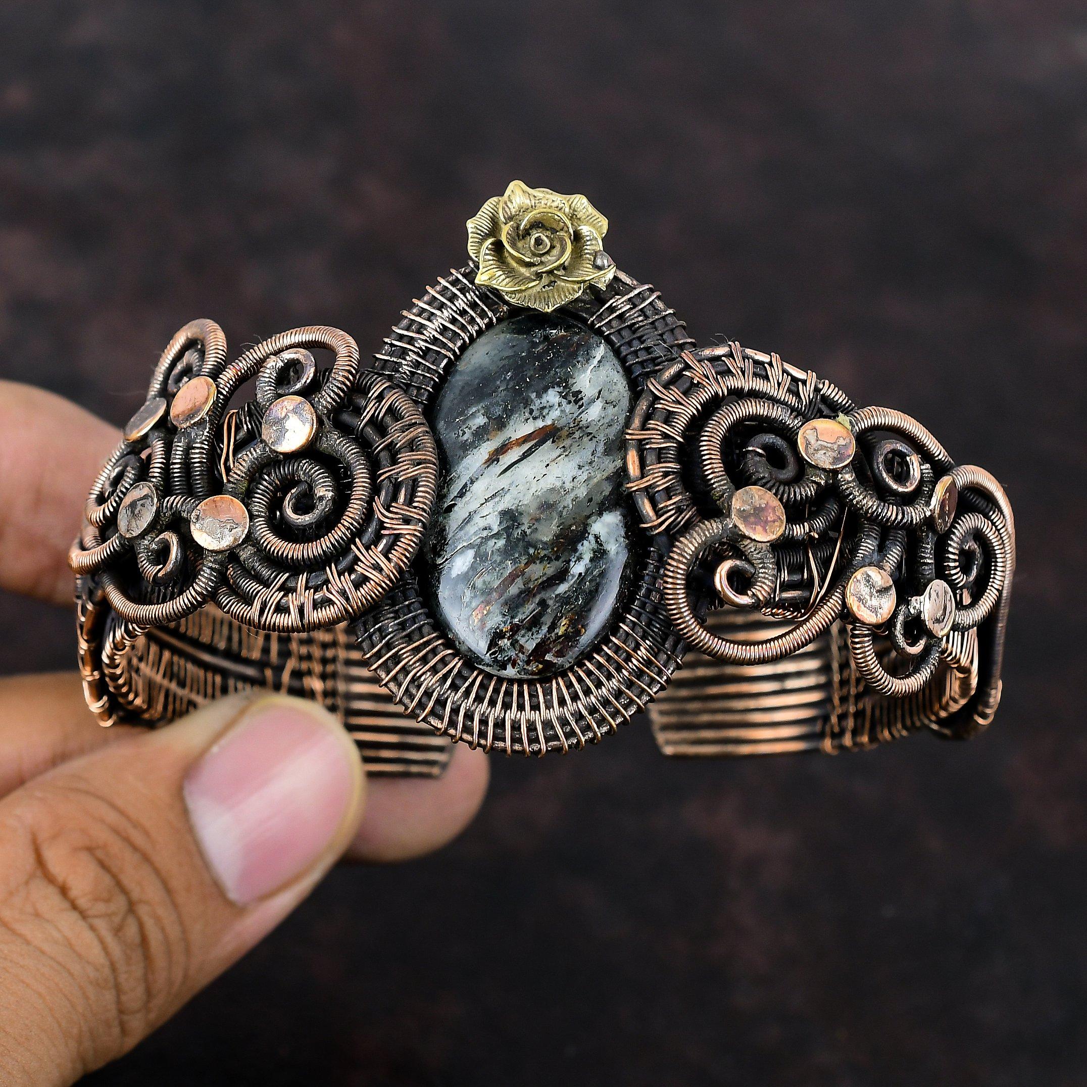 Браслет с астрофиллитом, медная проволока, браслет с драгоценными камнями, регулируемый браслет-манжета, браслет с цветами, медный ювелирный браслет, подарок для него, браслет ручной работы