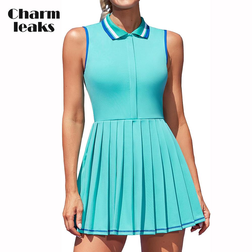 CHARMLEAKS Женские теннисные платья Ребристое платье-поло для гольфа Плиссированное тренировочное платье с половиной молний и встроенными шортами и бюстгальтером
