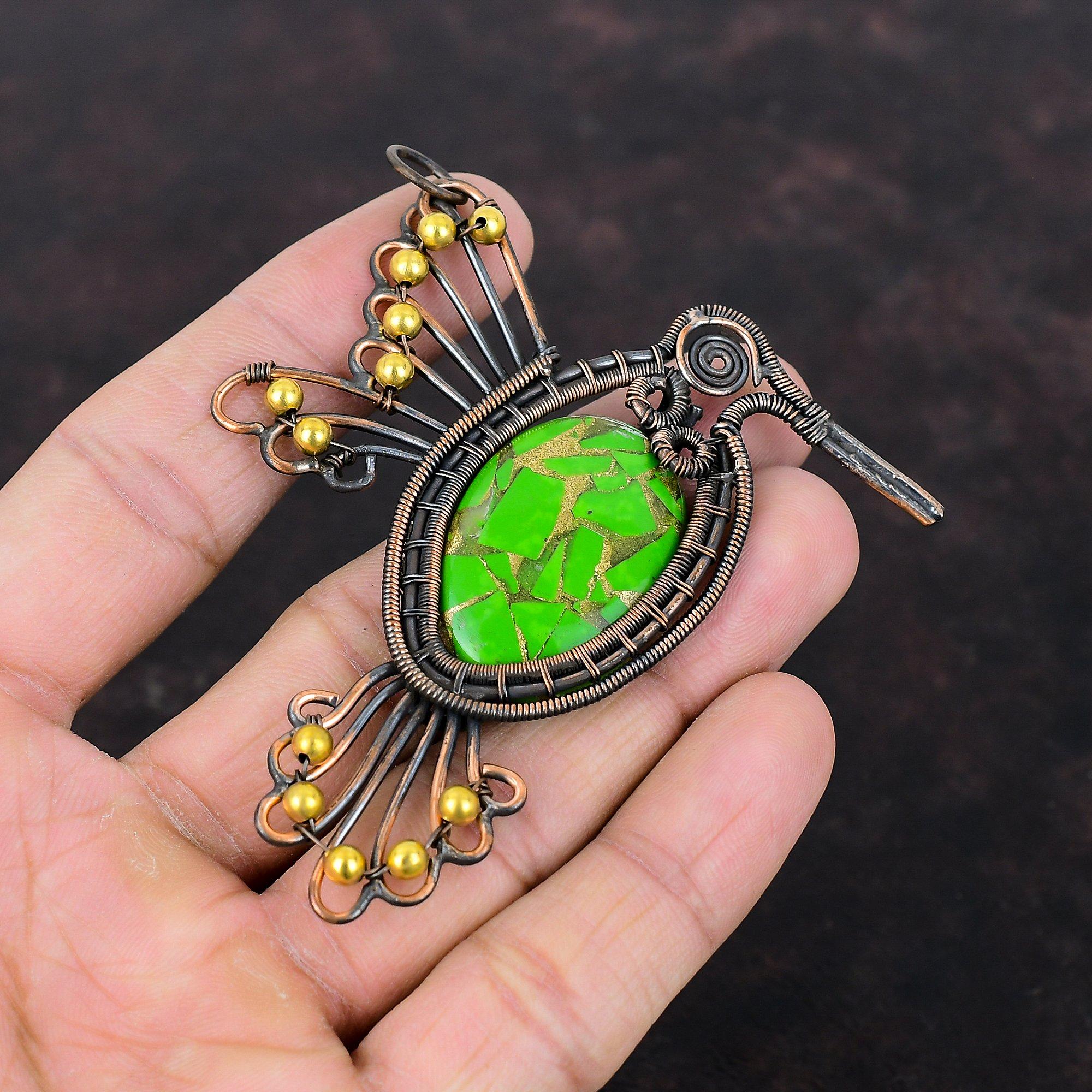 Медный Зеленый Бирюзовый Кулон Медная Проволока Обернутый Кулон Ювелирные Изделия Ручной Работы Из Драгоценных Камней Птица Дизайн Кулон Подарок Для Нее Антикварные Медные Ювелирные Изделия