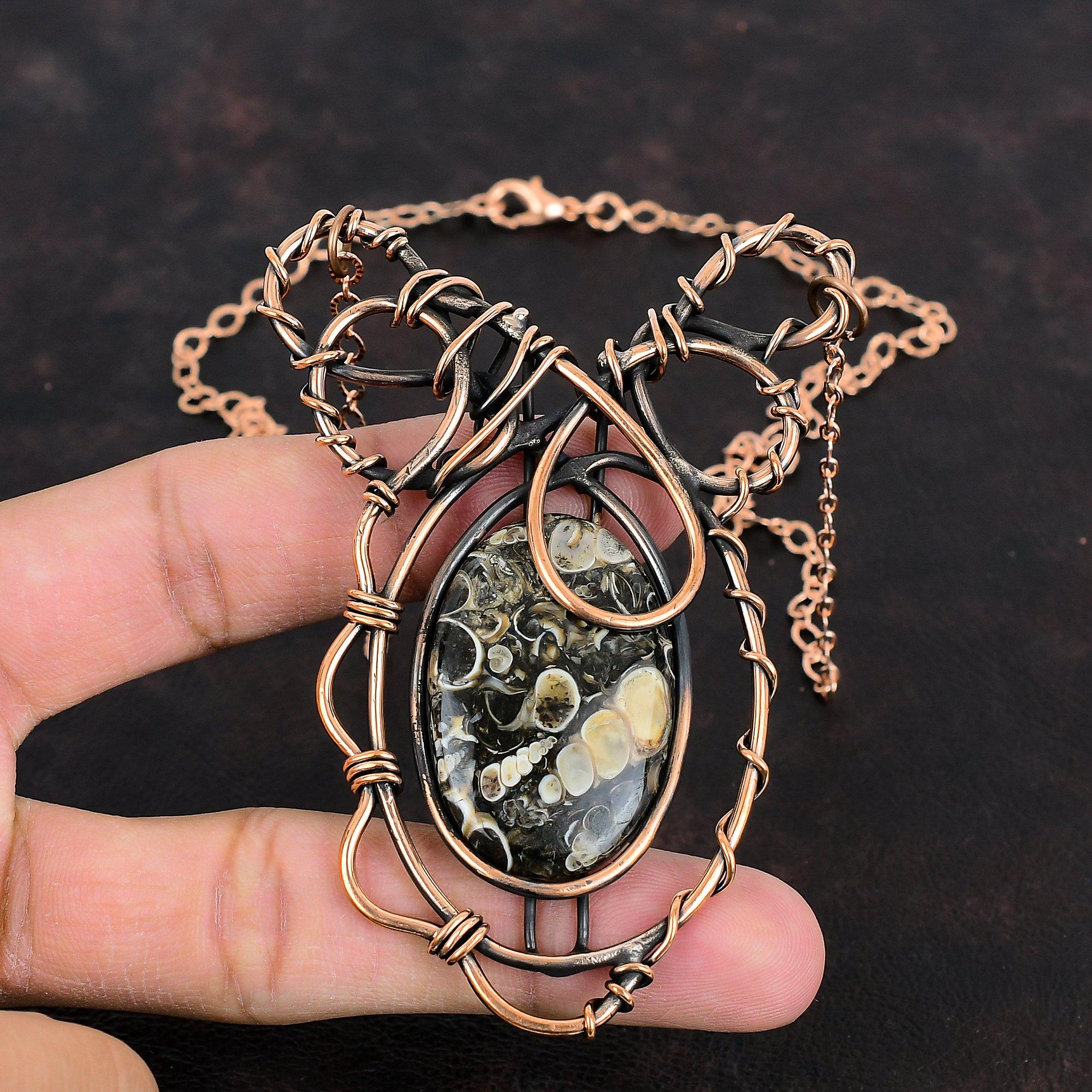 Ожерелье из агата Туррителла, обернутое медной проволокой, регулируемое ожерелье с драгоценным камнем, медные украшения, ожерелье ручной работы, украшения в технике wire wrap, подарки для жены