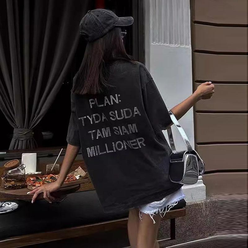 Винтажные повседневные хлопковые футболки со стразами, женские летние рубашки с коротким рукавом и буквенным принтом, универсальные уличные топы