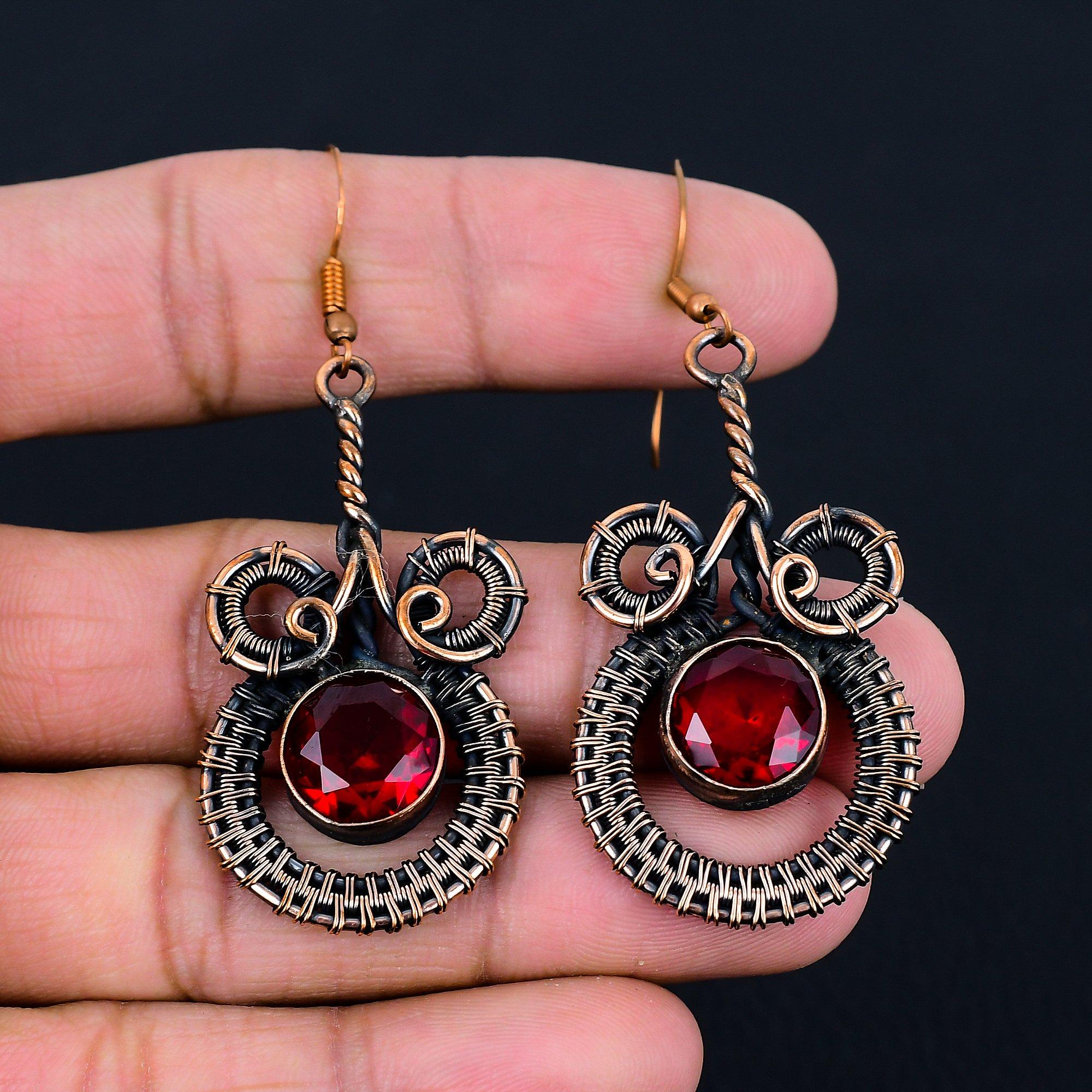 Garnet Gemstone Handmade Pure Copper Wire Wrapped Amazing Jewelry Earring
