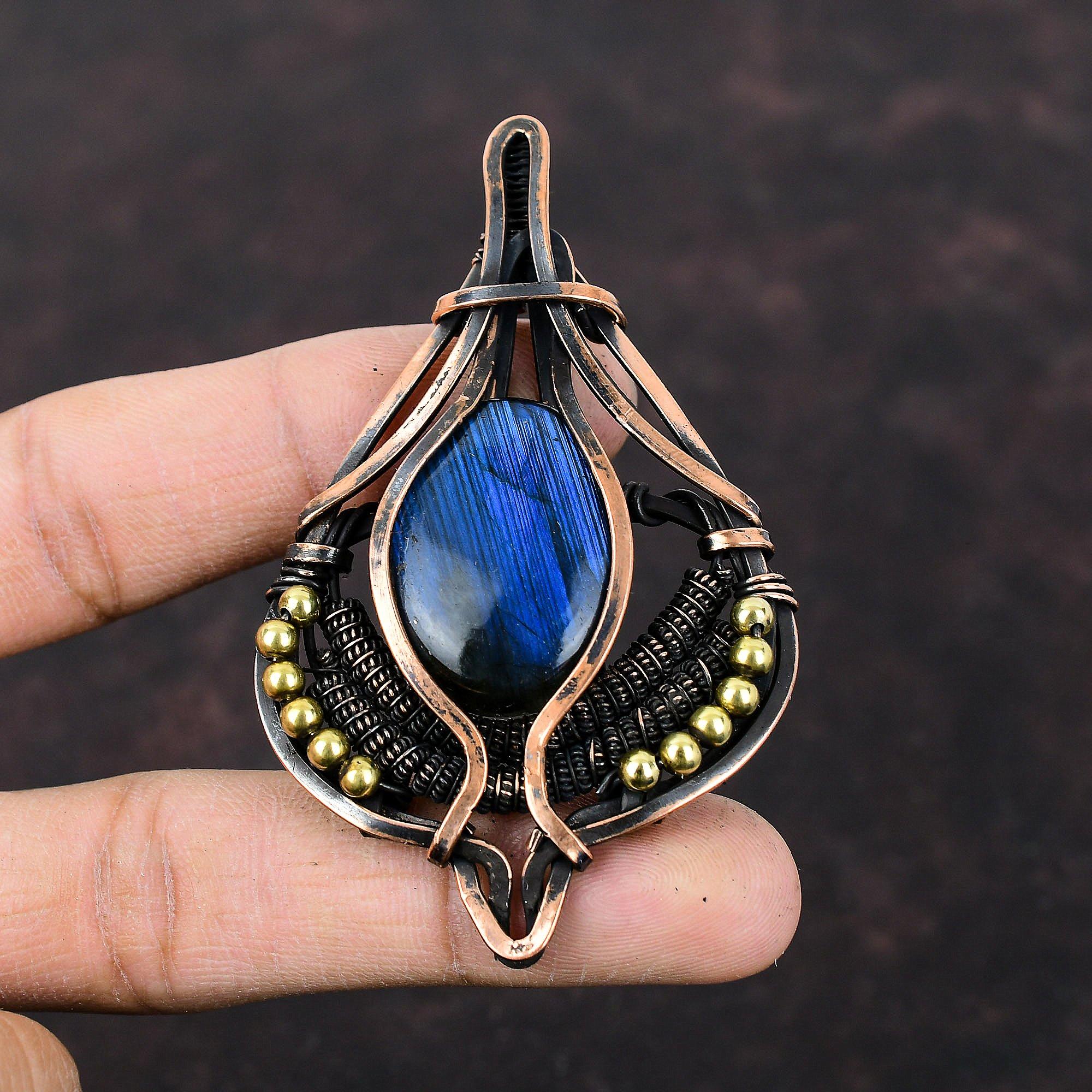 Подвеска из драгоценного камня лабрадорита, подвеска из медной проволоки, подвеска ручной работы, уникальный дизайн из меди, ювелирные изделия из проволоки, подарок для матери