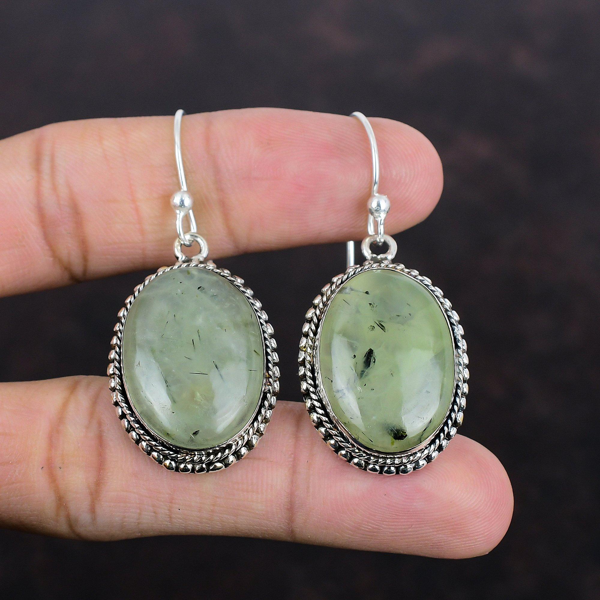 Серьги из мха пренита, винтажные серьги, ювелирные изделия из натурального драгоценного камня, серьги из стерлингового серебра 925 пробы, серьги ручной работы, достойные ювелирные изделия, подарки для матери