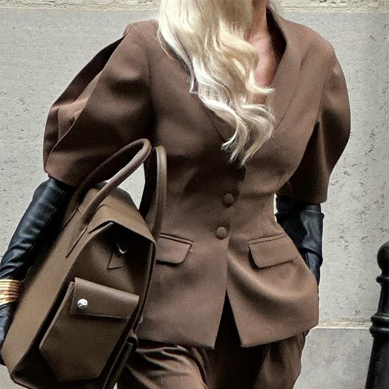 Women Blazer Elegant Slim Turndown Collar Half Sleeves Coat Female Casual Commute Work Attire Single Breasted New Fashion Spring and Summer