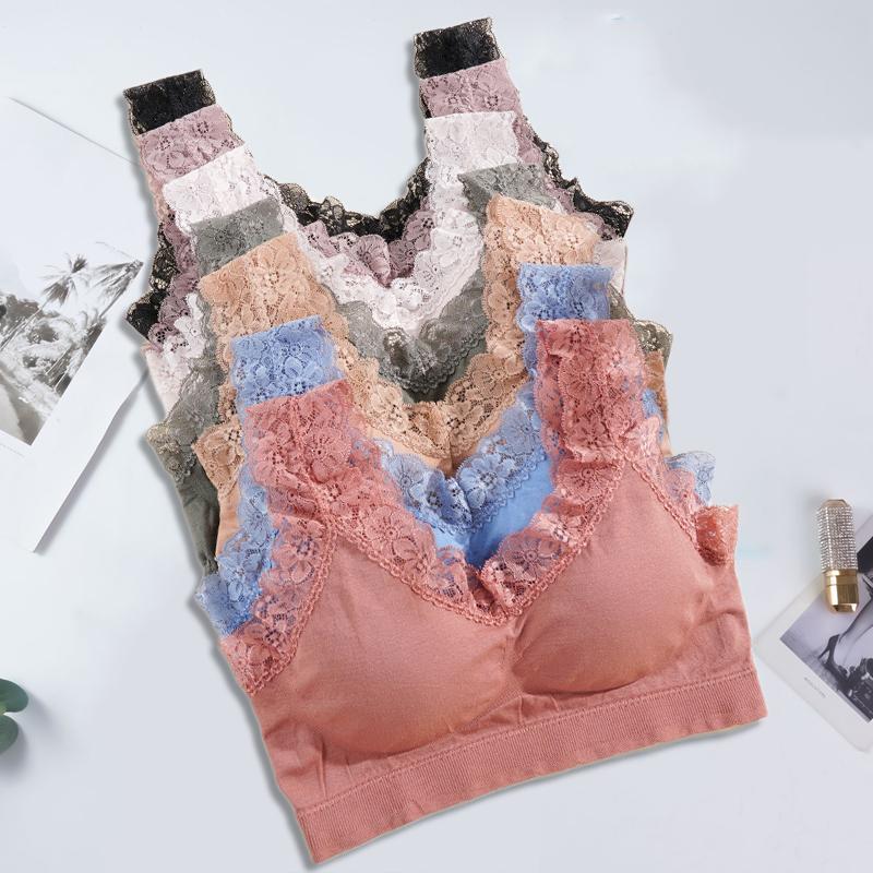Women Fashion Lace Floral Edge Bralette Tops V-neck Sleeveless Tank Tops Crop Top Bra Ladies Camisole Vest Beauty Back Brassiere Femme