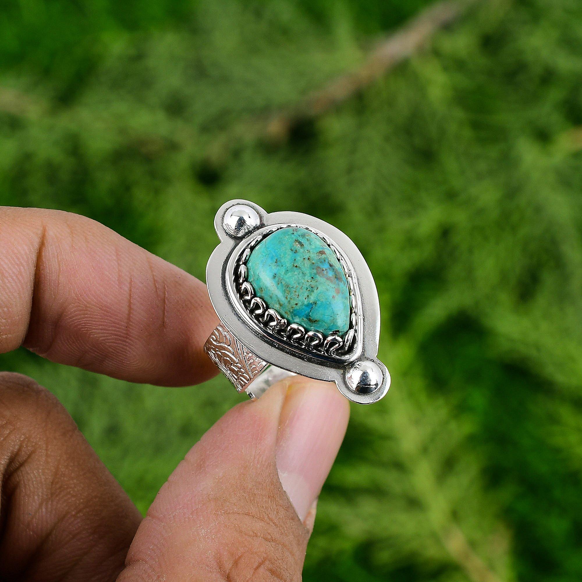 925 Sterling Silver Natural Tibetan Turquoise Solitaire Daughter Ring Jewelry