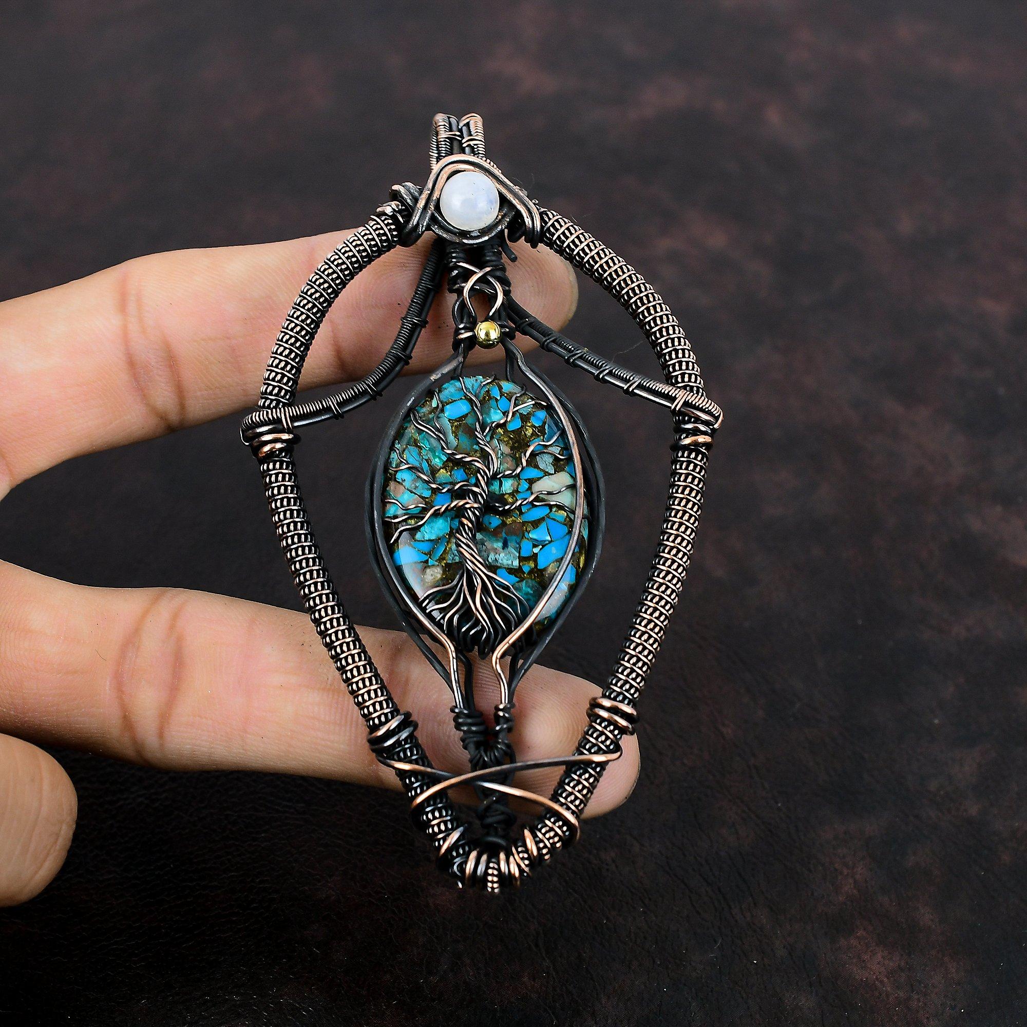 Tree Of Life Copper Chrysocolla Pendant Copper Wire Wrapped Rainbow Moonstone Pendant Gemstone Copper Jewelry For Gift Handmade Boho Pendant