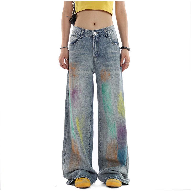 Painted Design Vintage Loose Wide Leg Jeans Women Casual Middle Waist Baggy Straight Denim Pants Spring Autumn Korean Fashion Streetwear