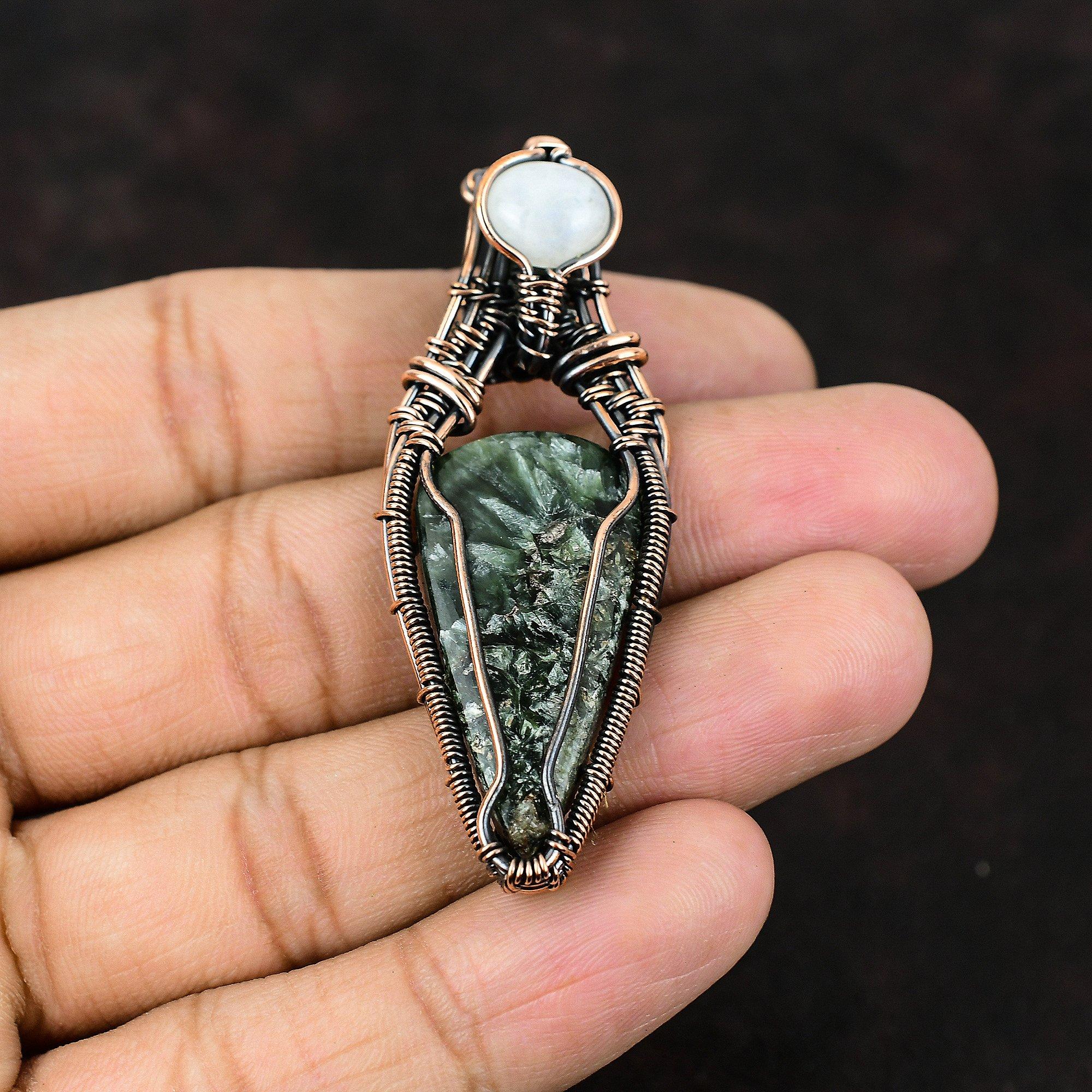 Подвеска из меди серафинит, подвеска из медной проволоки, дизайнерские украшения из драгоценных камней, подвеска из радужного лунного камня, ювелирные изделия ручной работы, подарок другу