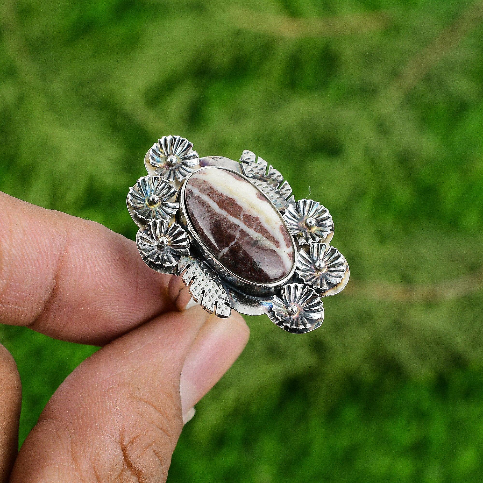 Natural Coconut Jasper Solitaire Flower Adjustable Ring 925 Silver For Girls