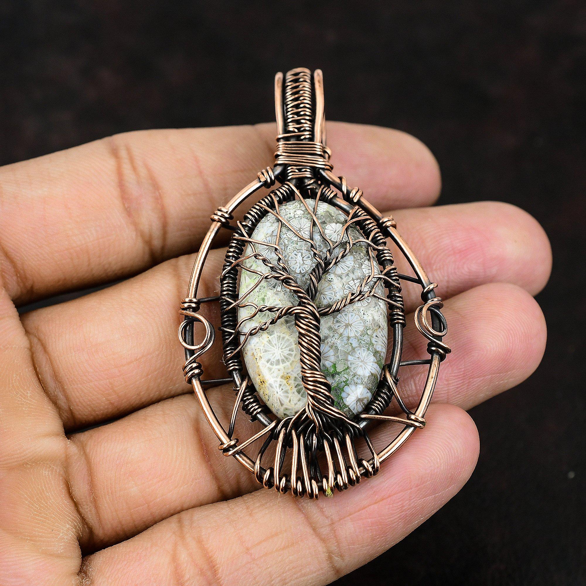 Древо жизни ископаемый коралловый драгоценный камень кулон медная проволока обернутый кулон ручная работа медные украшения подарок для нее ископаемый коралловый драгоценности для женщин