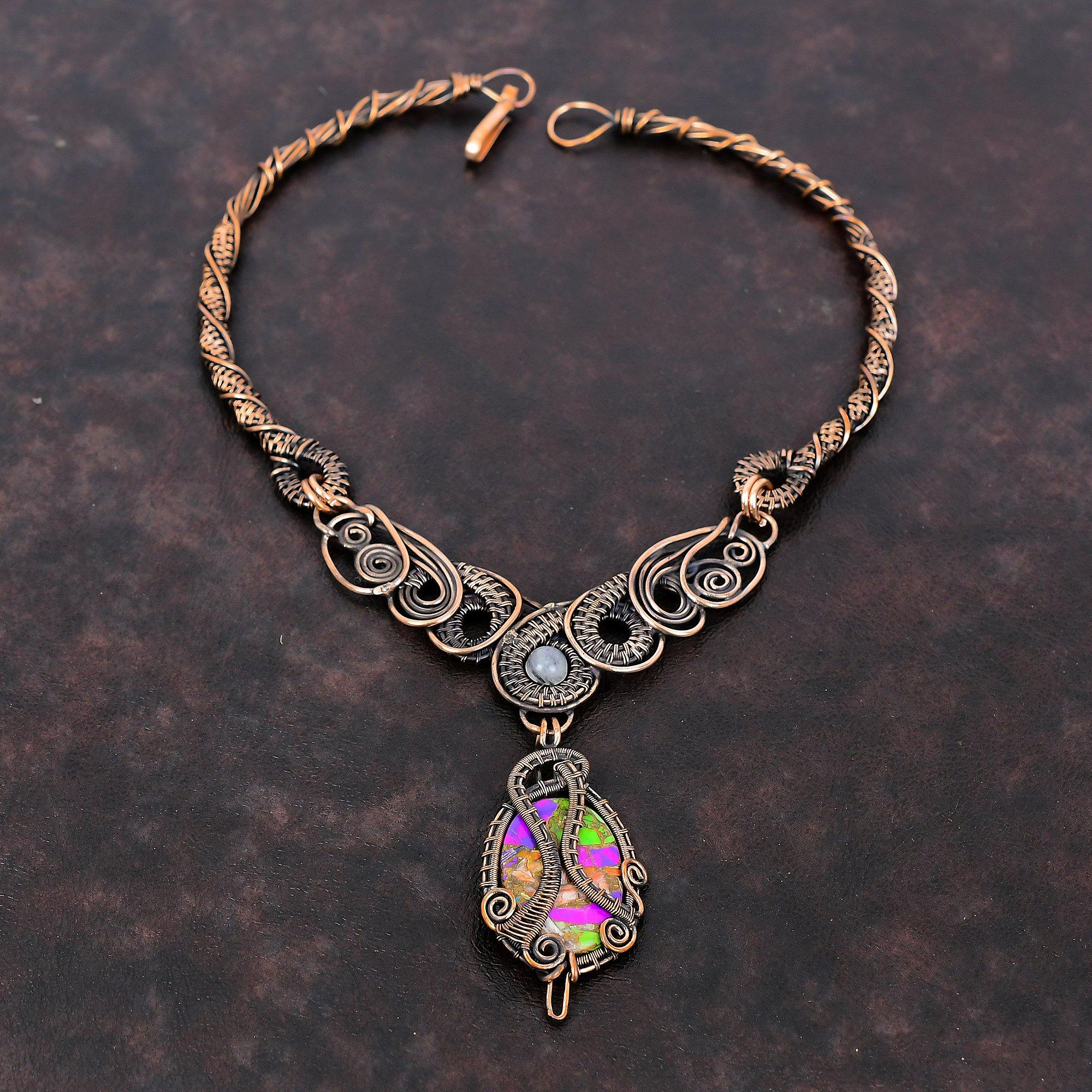 Ожерелье Fiesta Kingman с бирюзой, ожерелье из медной проволоки, обернутое драгоценными камнями, мультимедное ожерелье с бирюзой, ювелирные изделия ручной работы с радужным лунным камнем