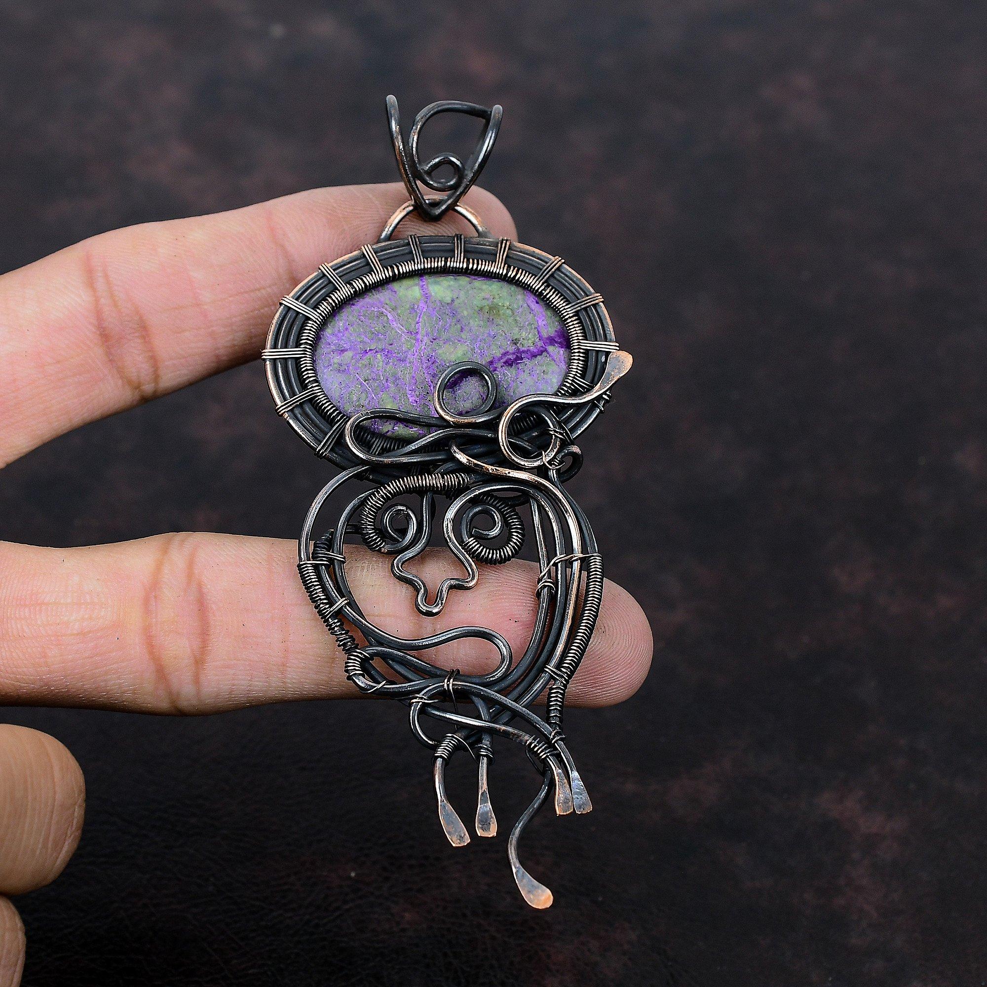 Пурпуритовый кулон, обернутый медной проволокой, ювелирное изделие, этнический кулон, обернутый медной проволокой, красивый драгоценный камень, ювелирное изделие, подарок для матери