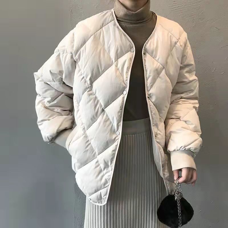 2025 Winter Women's Short Quilted Puffer Jacket, Diamond Pattern Collarless Down Cotton Coat