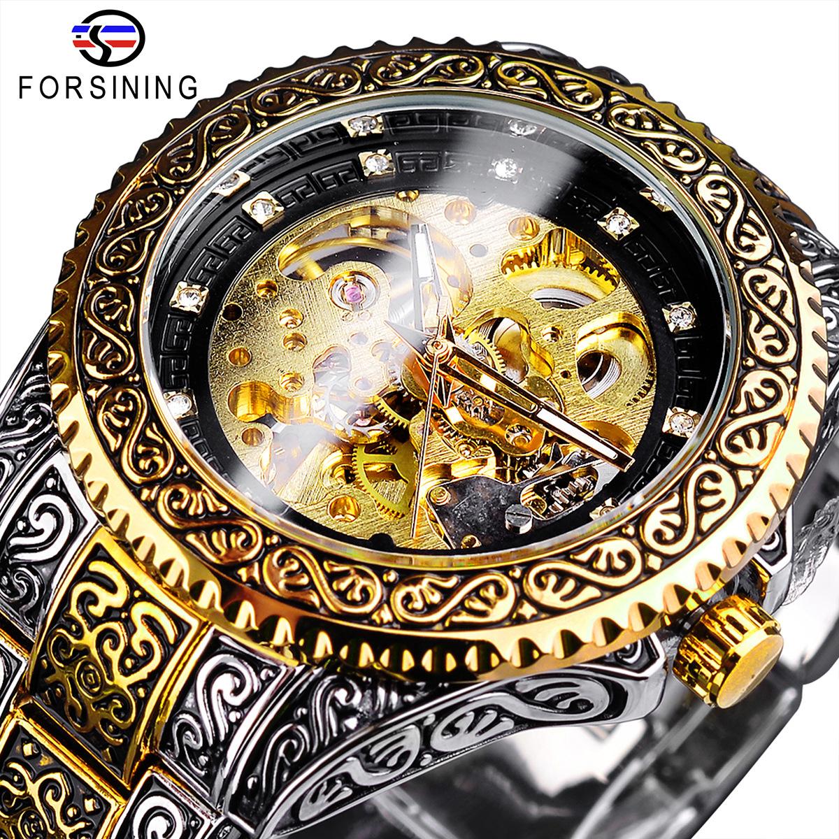 Forsining Men's Top Watch Waterproof Automatic Mechanical Watch Men's Mesh Engraving Watch with Rhinestones