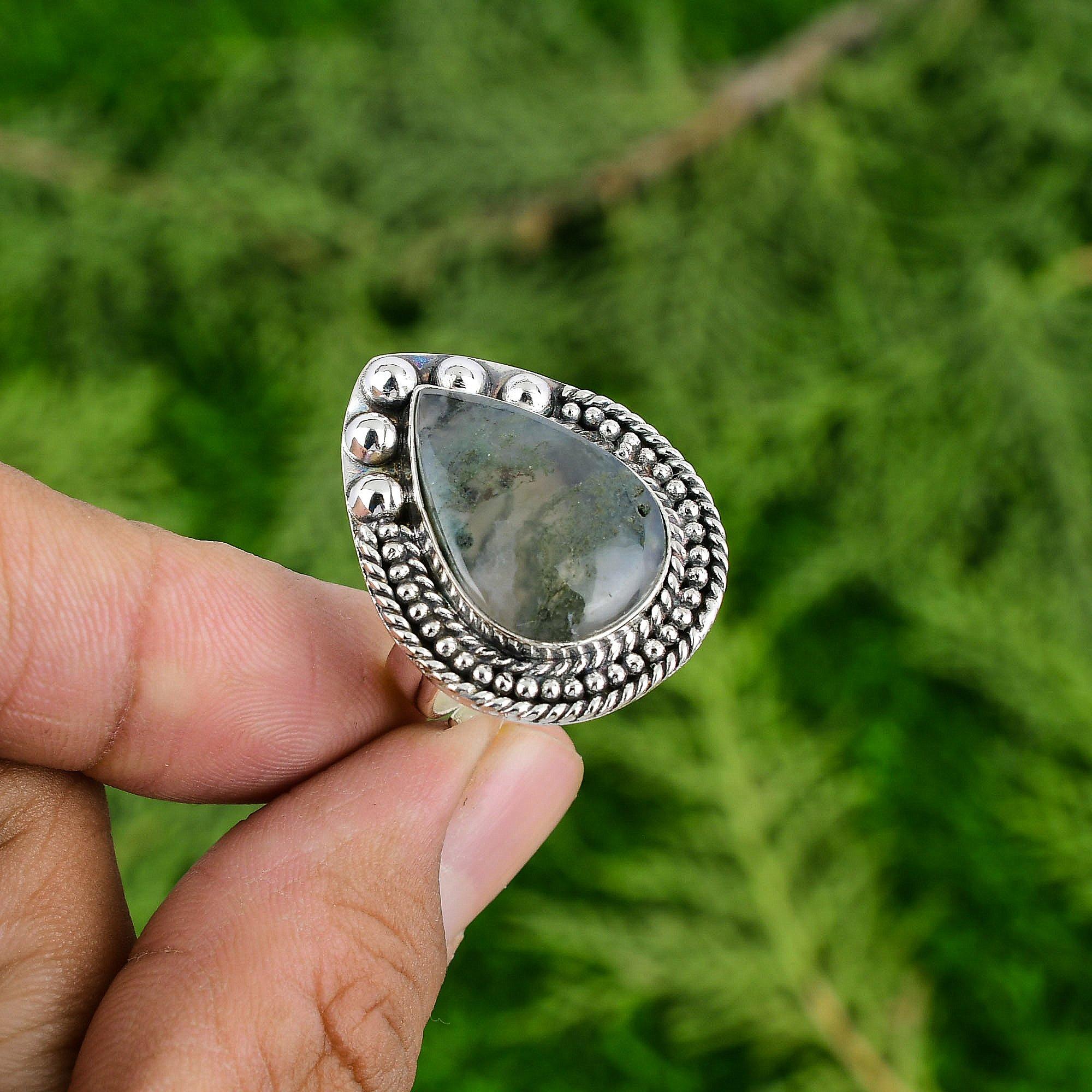 Солнечный Моховой Агат Камень 925 Стерлинговое Серебро Этническое Безель Солитер Кольцо Ювелирное Изделие