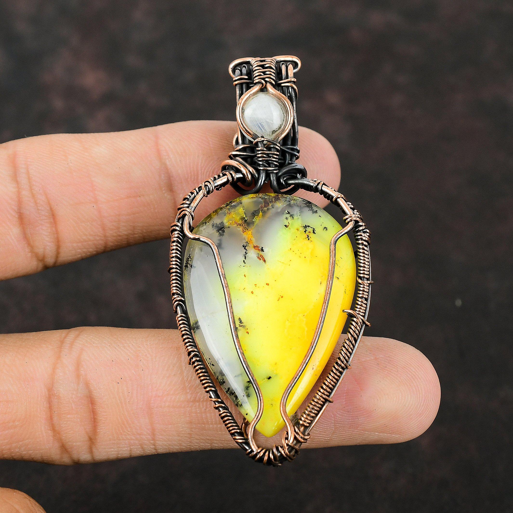 Yellow Dendrite Opal Copper Wire Pendant Copper Wire Wrapped Gemstone Jewelry Moonstone Pendant Handmade Pendant Copper Pendant Gift For Mom