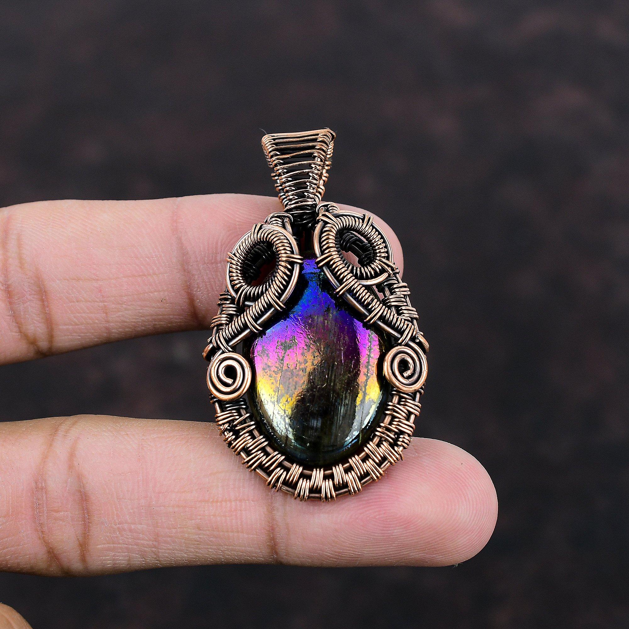 Подвеска из медной проволоки Mystic Fire, лабрадорит, драгоценный камень, кулон ручной работы, медный ювелирный подарок для него, потрясающие ювелирные изделия из проволочной обмотки
