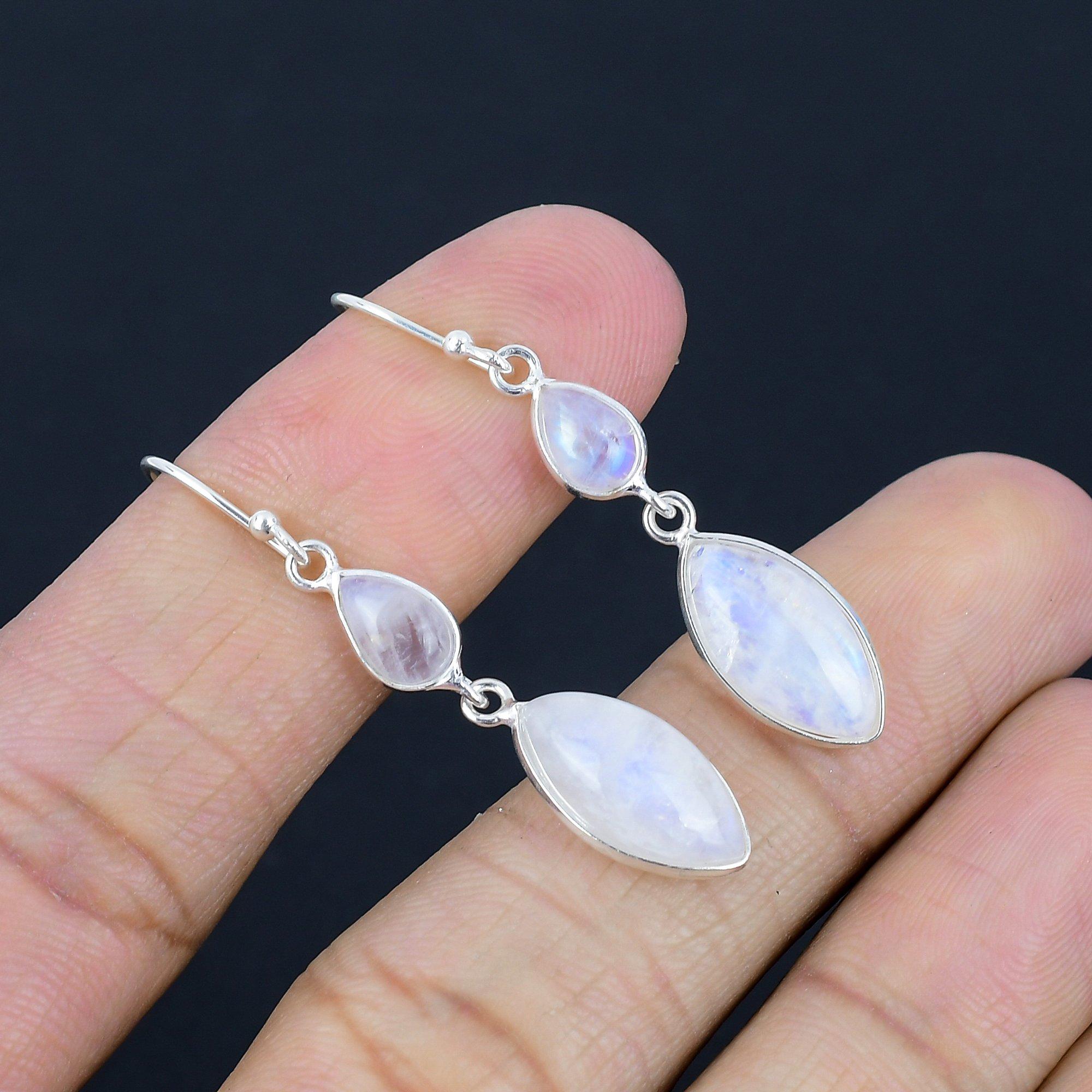 Серьги из натурального радужного лунного камня, серебро 925 пробы, серьги в форме маркизы, висячие серьги ручной работы, ювелирные изделия на День святого Валентина