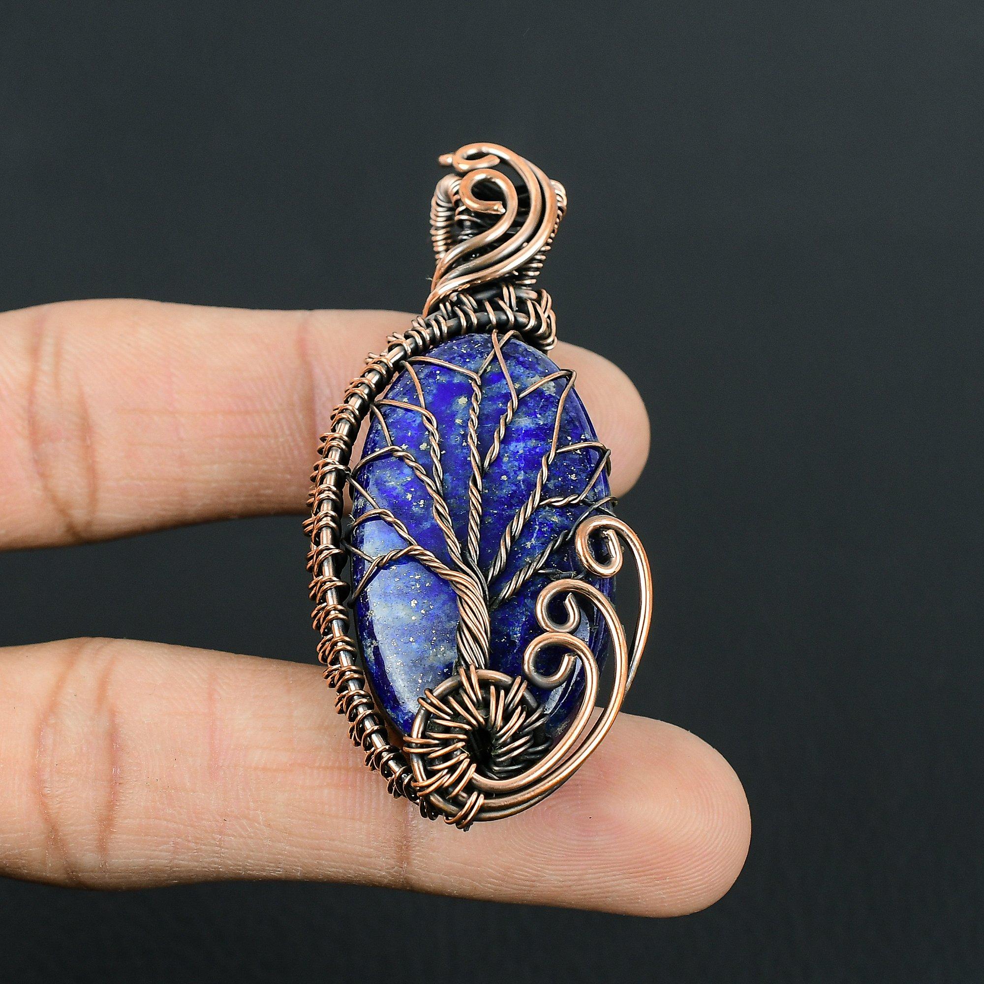 Tree Of Life Lapis Lazuli Gemstone Pure Copper Wire Wrap Handmade Unique Jewelry Pendant