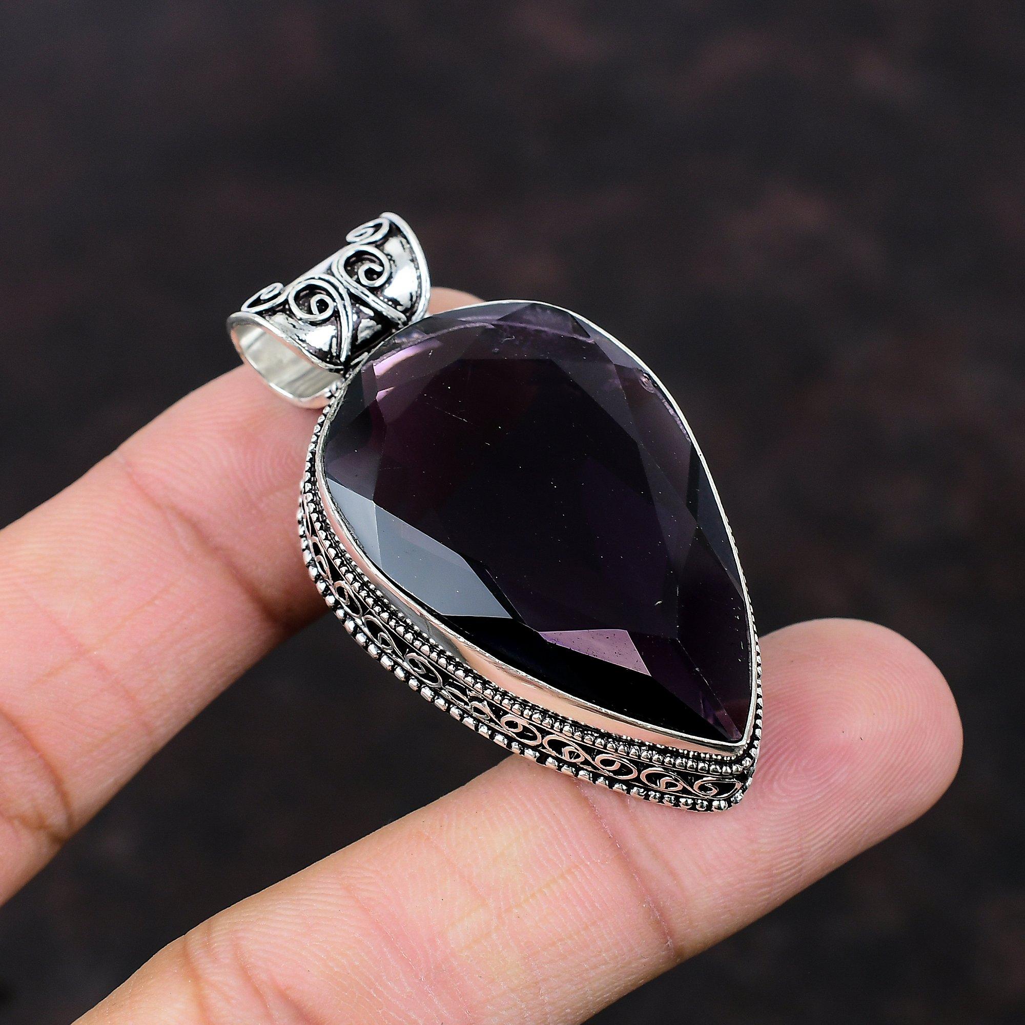Граненый африканский аметистовый кулон Уникальный стильный кулон Стерлингового серебра 925 пробы Ювелирные изделия ручной работы Винтажный кулон для подарка Кулон с драгоценным камнем