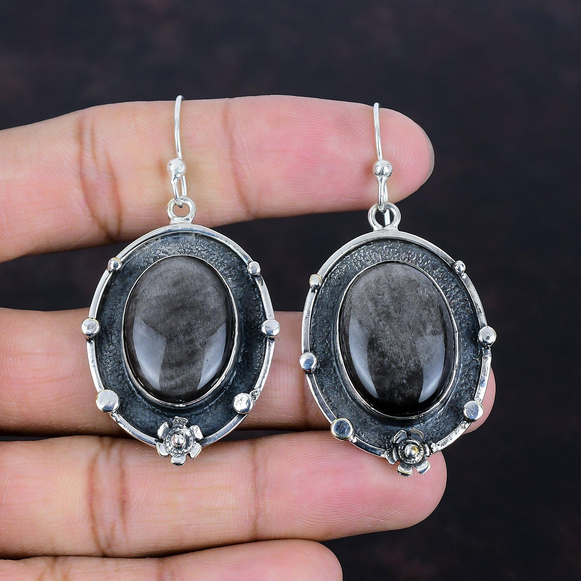 Серебряные серьги с обсидианом, натуральные драгоценные камни, серьги из стерлингового серебра 925 пробы, серьги ручной работы, подарки для жены, замечательные серебряные украшения
