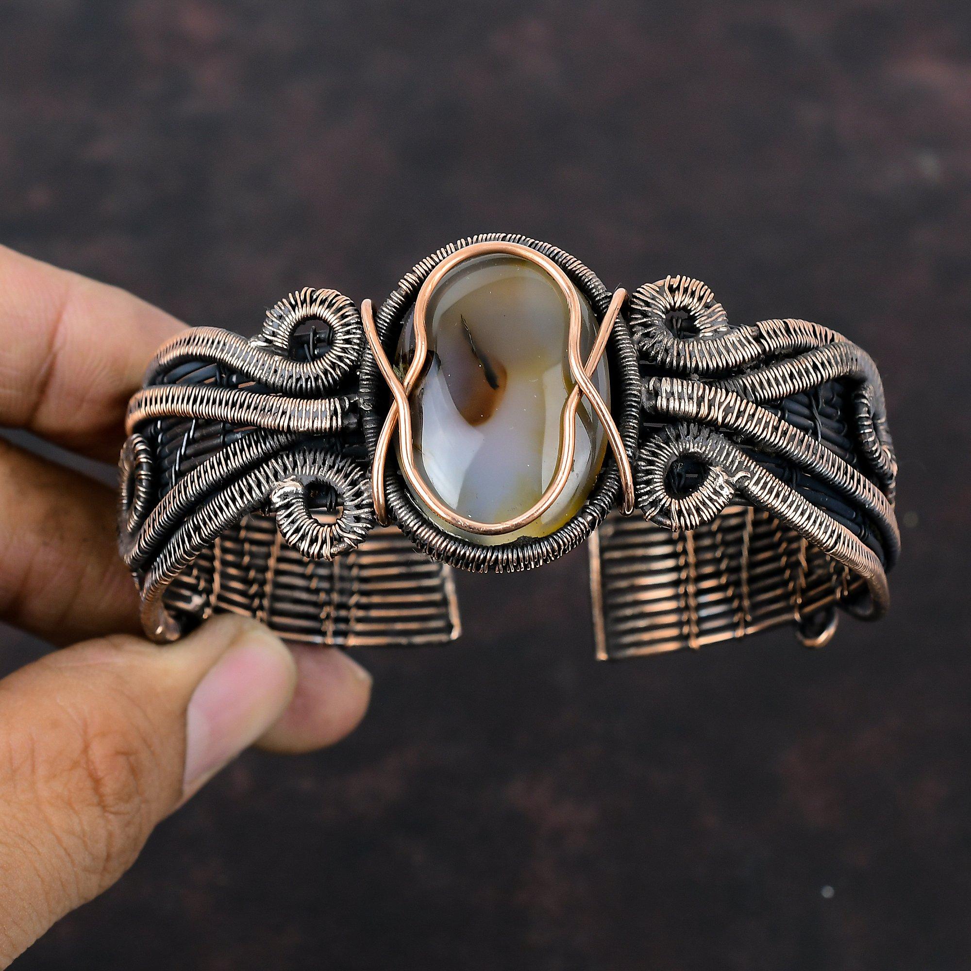 Браслет-манжета с агатом Монтана, браслет из медной проволоки, регулируемый браслет-манжета, медные украшения ручной работы, браслет из натурального драгоценного камня, подарок для мамы