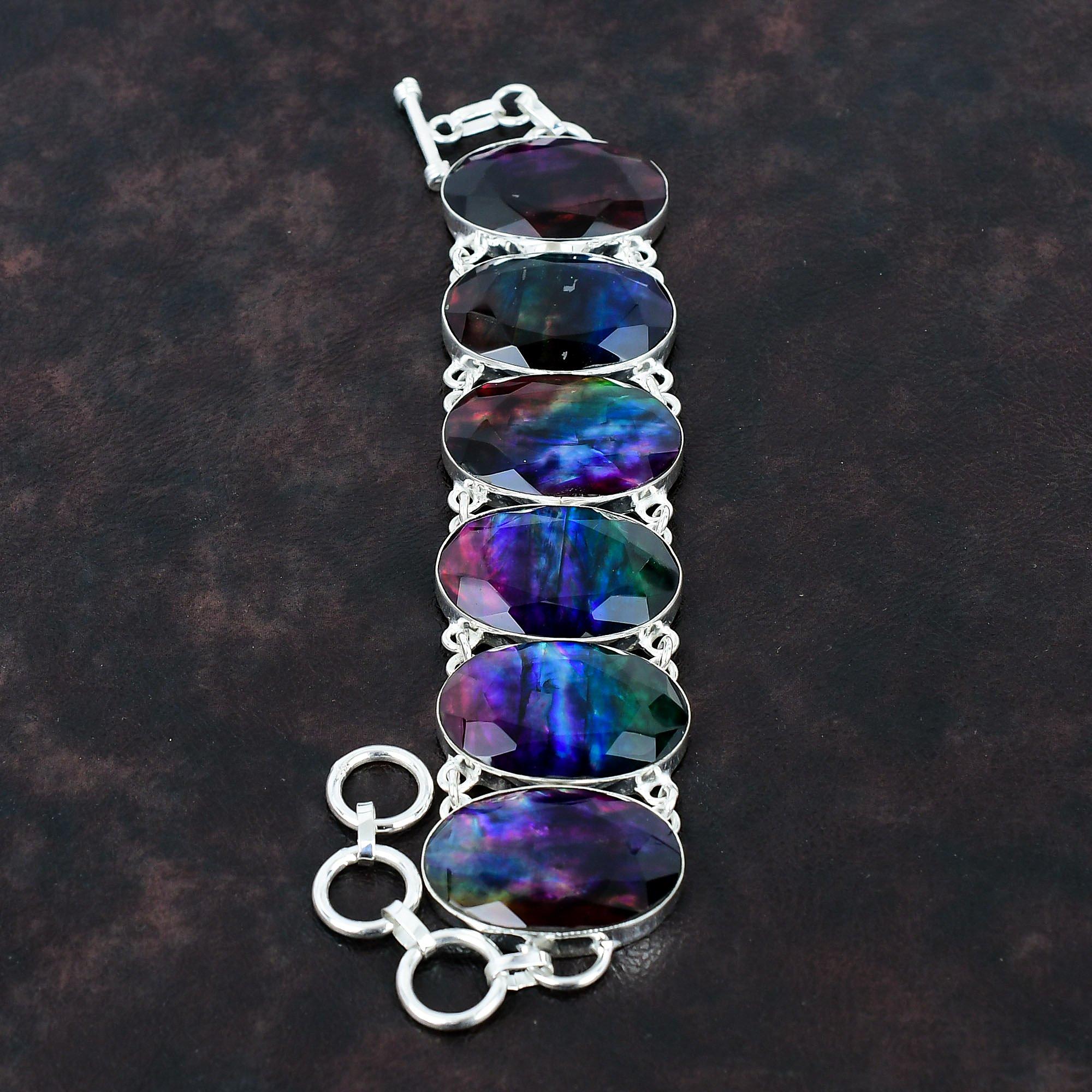 Граненый браслет из аммолита Браслет из драгоценного камня Браслет из стерлингового серебра 925 пробы Ювелирные изделия из аммолита Регулируемый браслет-цепочка Антикварные ювелирные изделия ручной работы