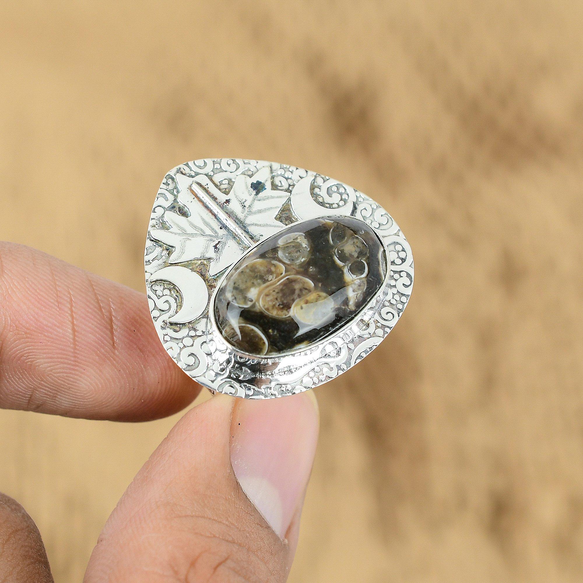 Turritella Agate Gemstone Sterling Silver Cresent Moon Promise New Ring Jewelry