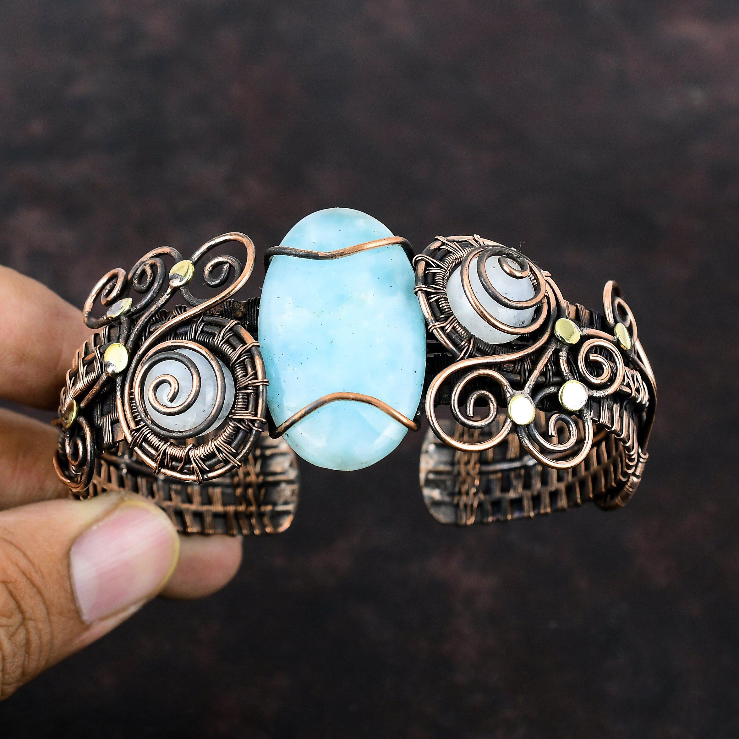 Браслет-манжета с гемиморфитом, браслет-манжета из медной проволоки, браслет-манжета из лунного камня, ювелирные изделия из драгоценных камней, регулируемый браслет ручной работы, подарки на годовщину