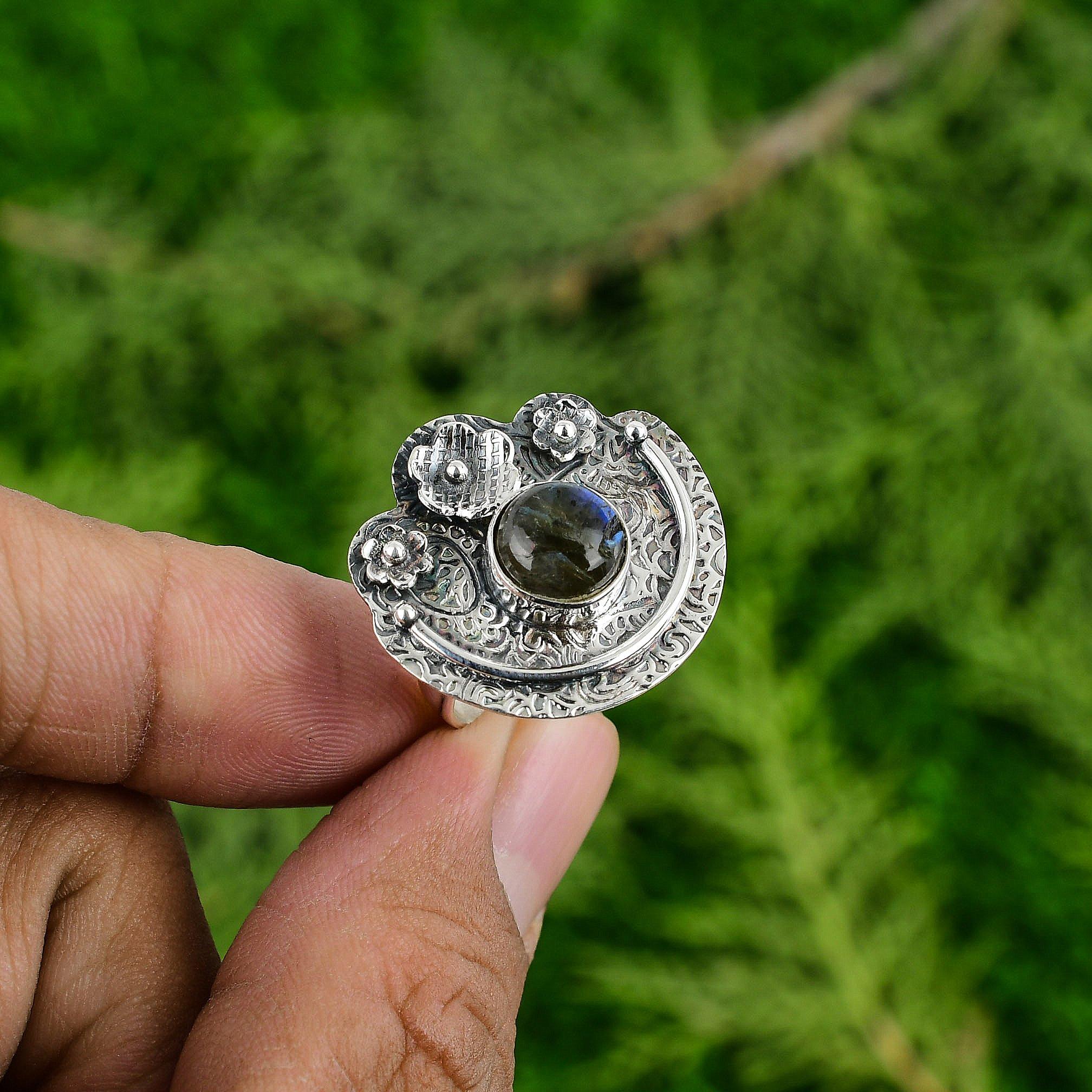 Natural Labradorite 925 Silver Stackable Flower Adjustable Ring For Women