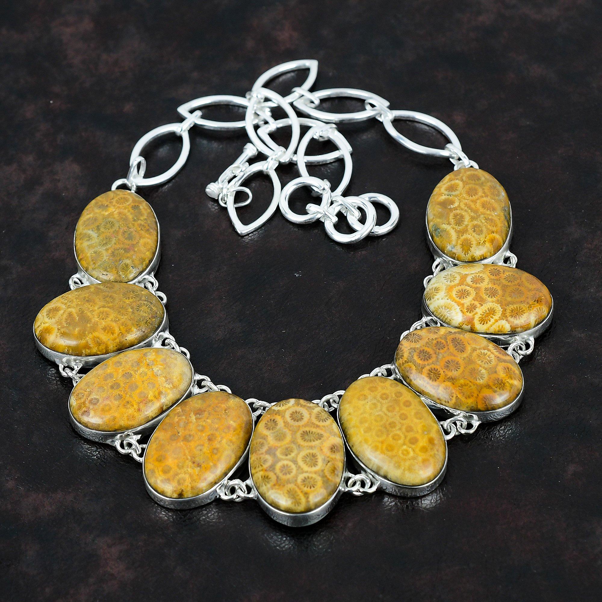 Ожерелье из ископаемого коралла, ожерелье из стерлингового серебра 925 пробы, регулируемая цепочка, ожерелье, ювелирные изделия из ископаемого коралла, драгоценных камней, ожерелье ручной работы, подарки для мамы