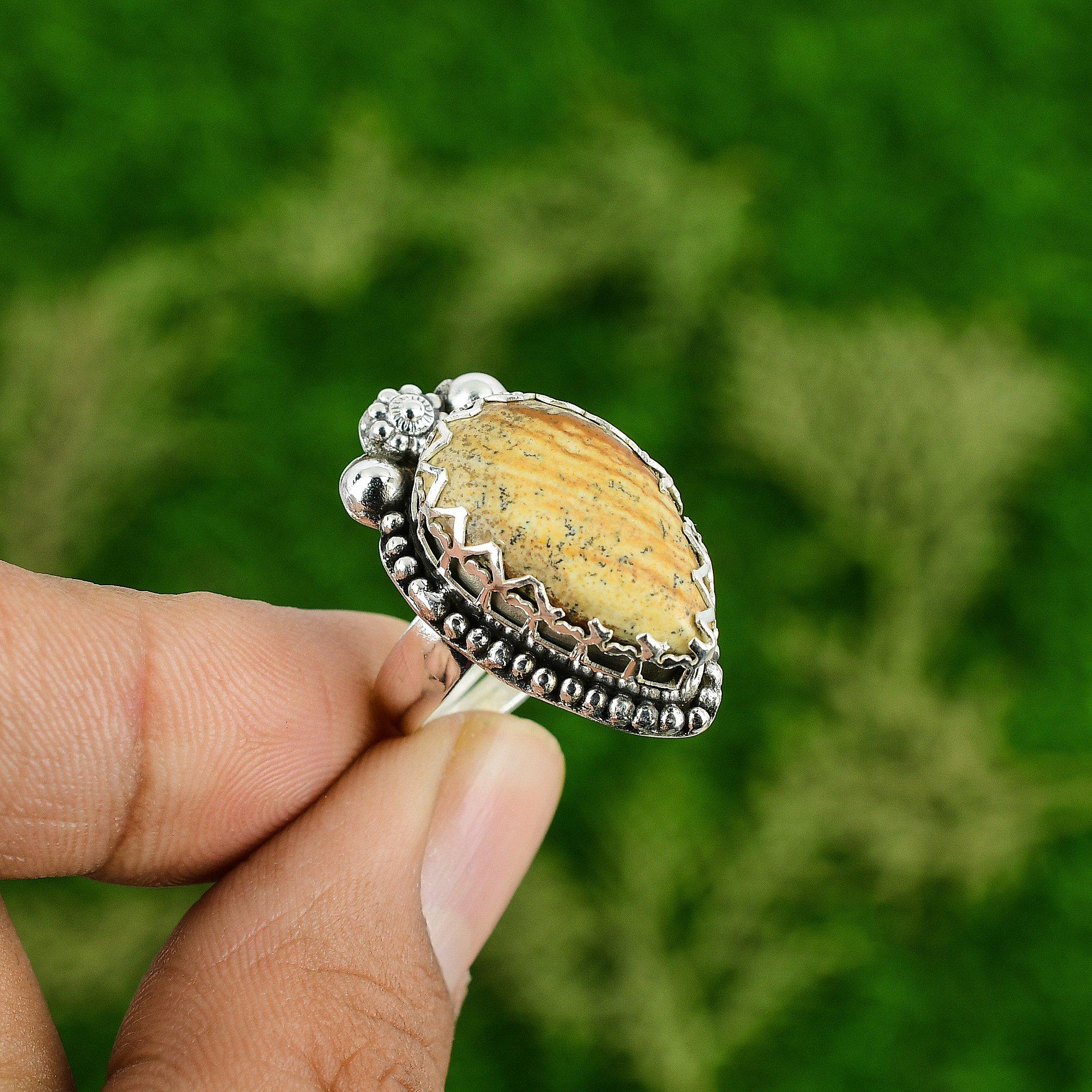 Pear Natural Picture Jasper 925 Silver Wedding Multi Stone Mother Ring Jewelry