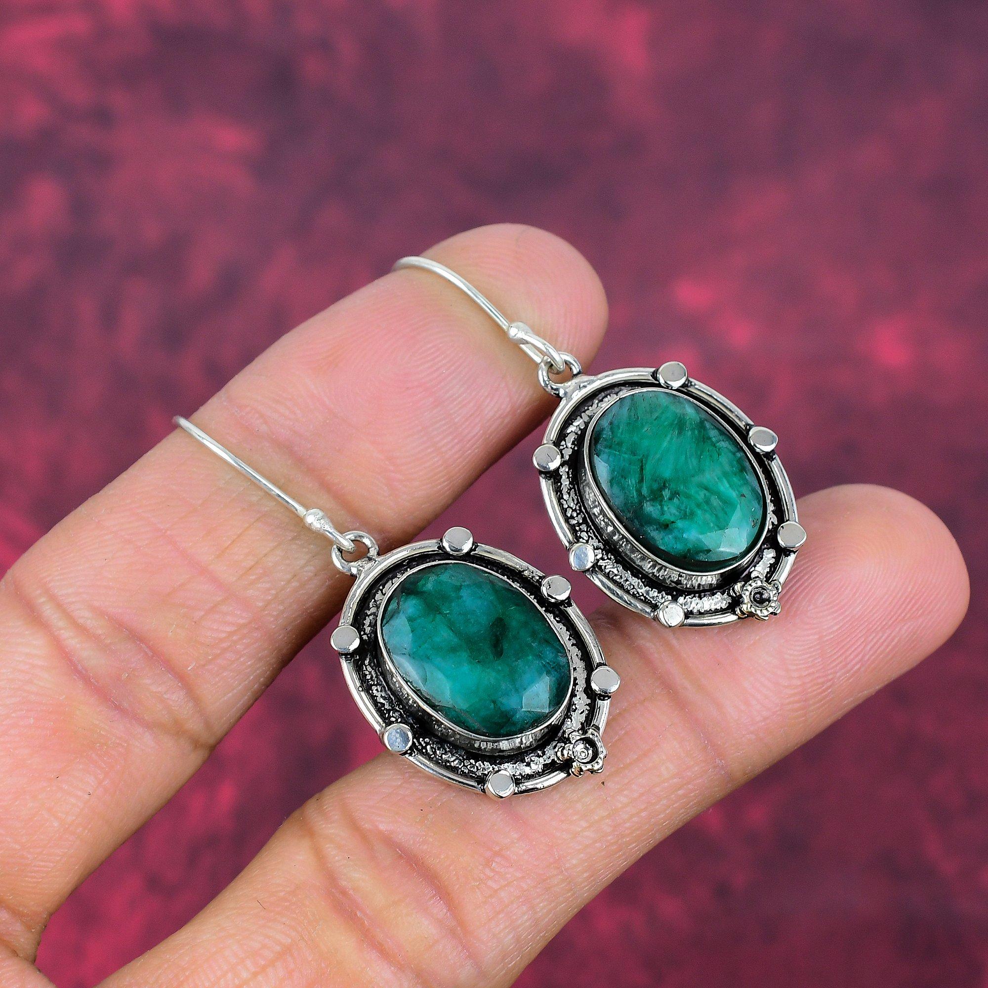 Emerald 925 Solid Sterling Silver Earrings, Handmade Gemstone Earrings Jewelry, Gifts For Wife Brand New Earrings