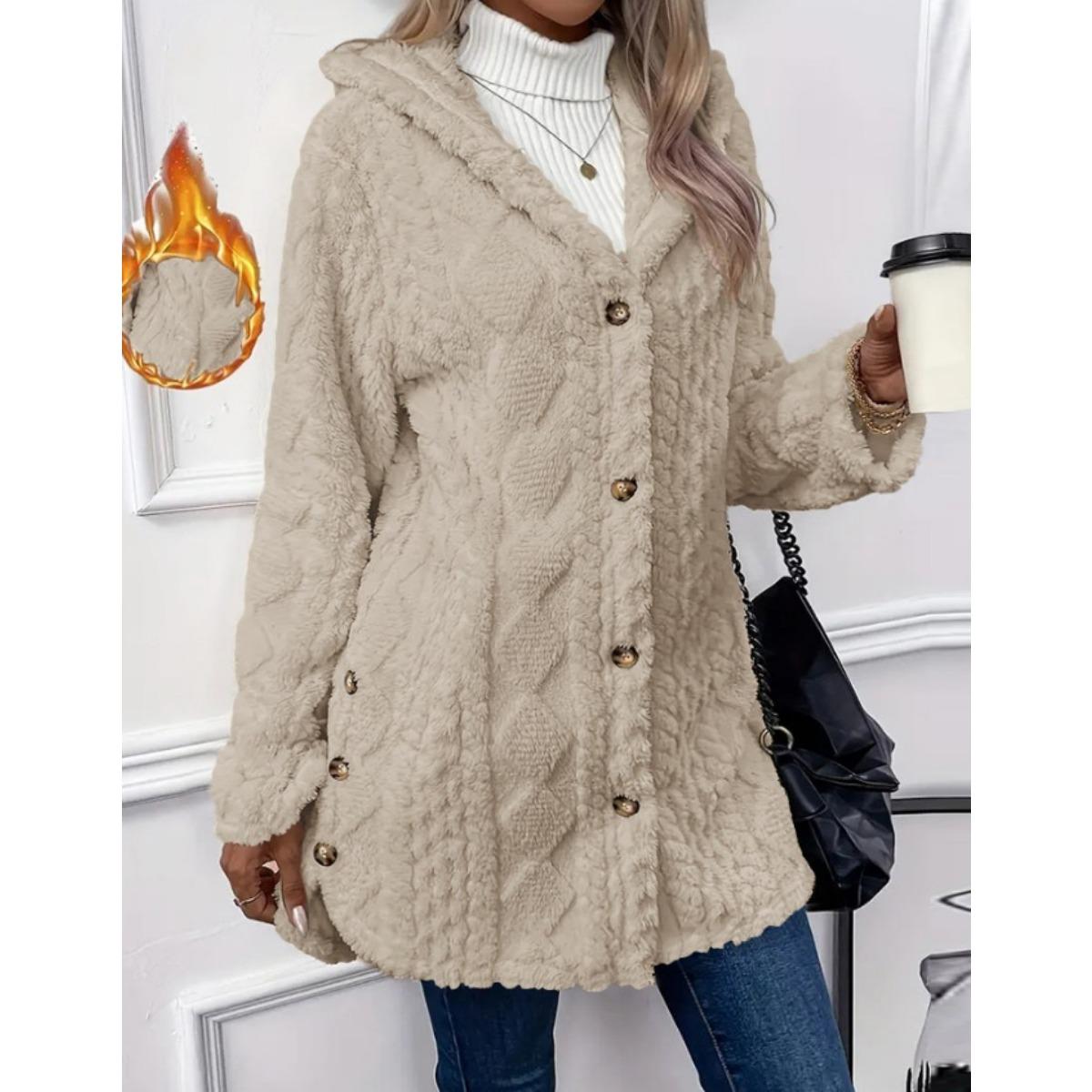 Autumn and Winter Hooded Solid Color Cardigan Button Long Sleeved Casual Fleece Jacket