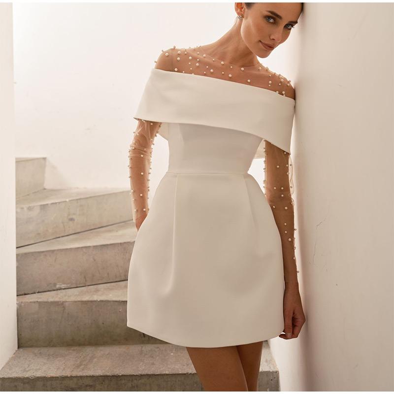 Women Simple Patchwork Off The Shoulder Party Dress Spring Summer Short Sleeve Mini Dress Slash Neck Solid Color Ladies Dress