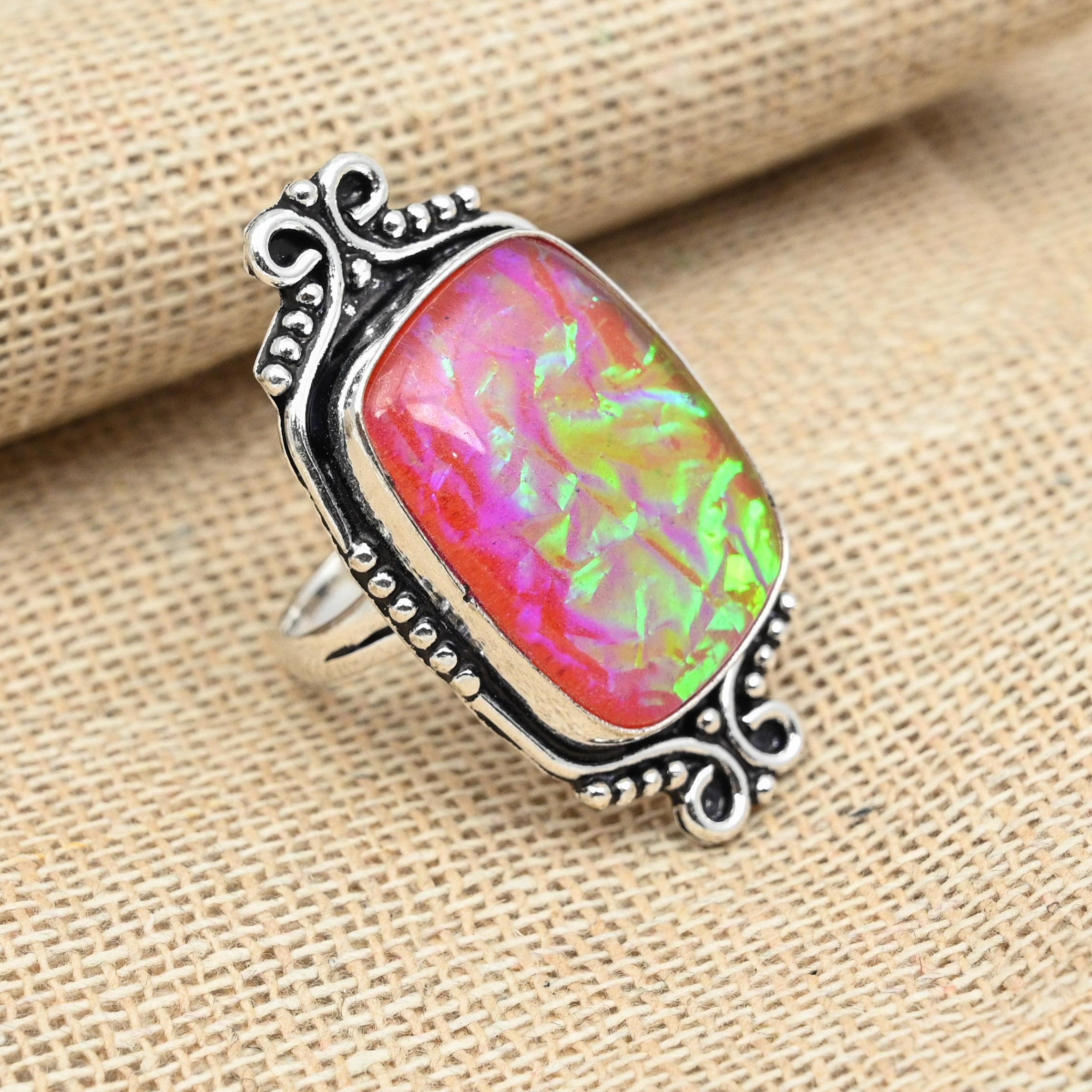 Хороший фиолетовый тройной опал ручной работы Твердый стерлинговый серебристый камень 925 Кольцо Ювелирные изделия