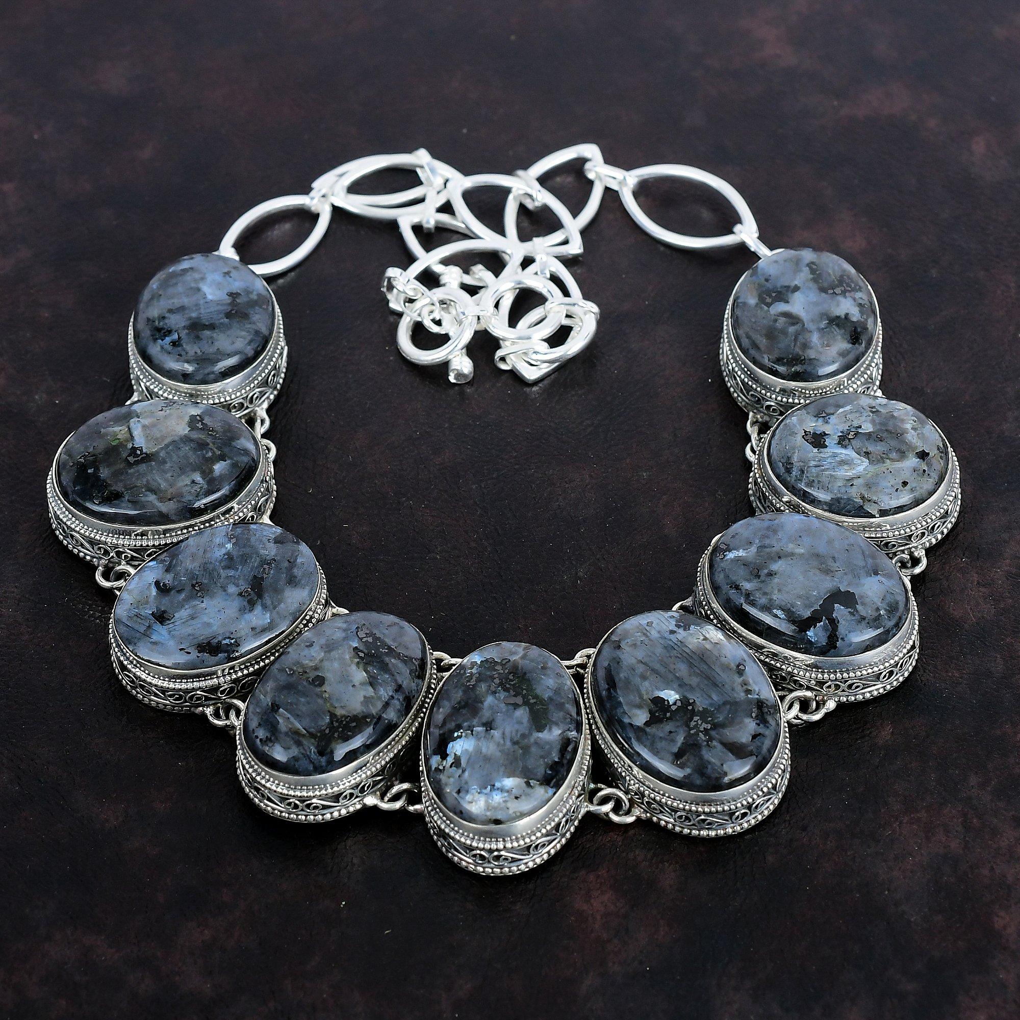 Ожерелье из ларвикита, ожерелье из стерлингового серебра 925 пробы, регулируемое ожерелье из цепочки, винтажные ювелирные изделия из драгоценных камней, приличное ожерелье ручной работы, подарок на годовщину