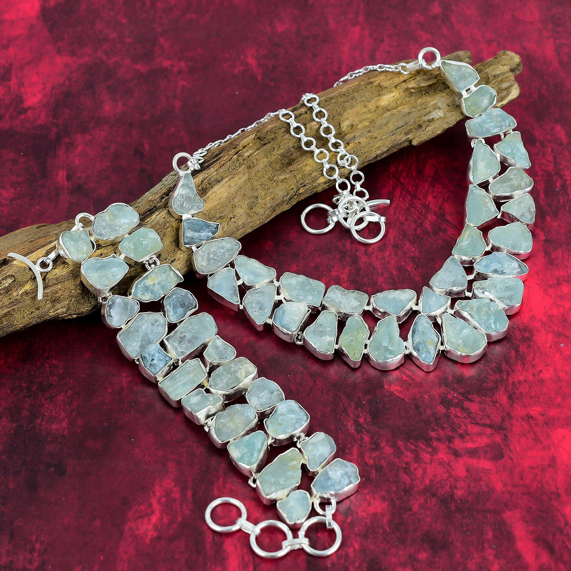 Rough Aquamarine Gemstone Jewelry, 925 Solid Sterling Sliver Necklace & Bracelet Jewelry Set, Handmade Silver Jewelry Set For Her, Gorgeous Jewelry