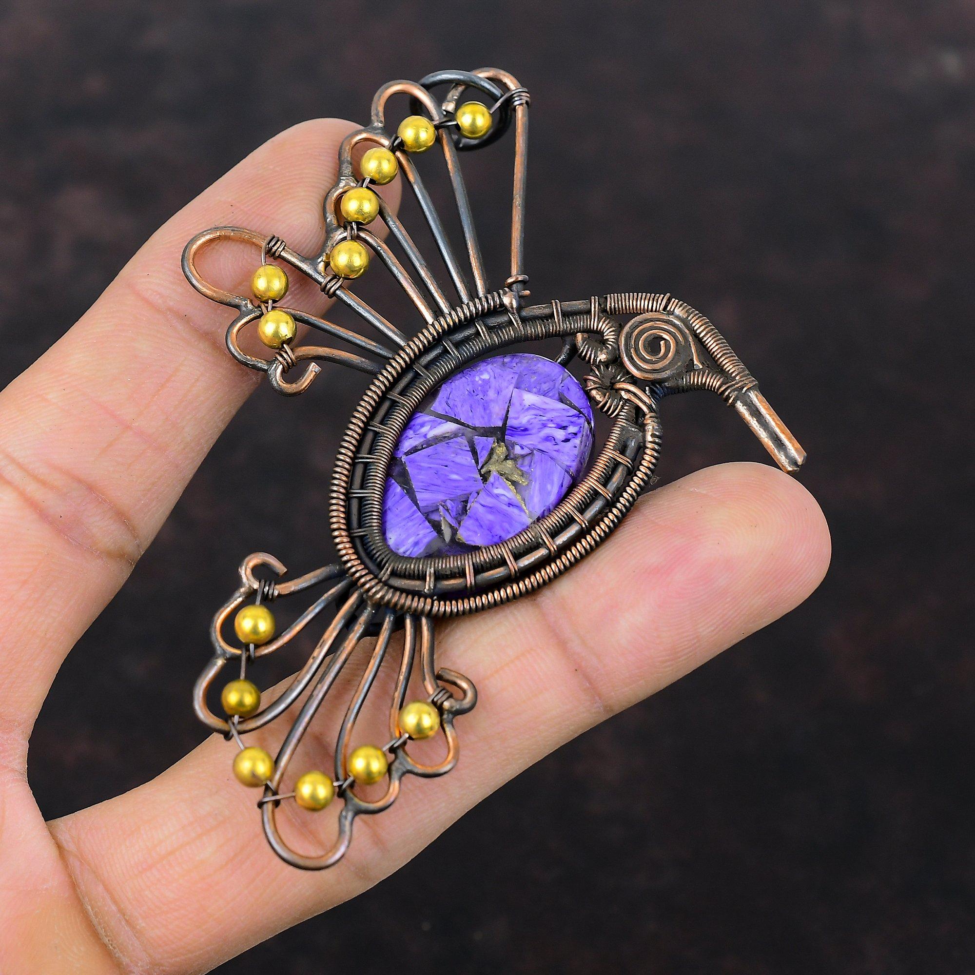 Медный кулон с чароитом Кулон, обернутый медной проволокой Украшения из натуральных драгоценных камней Кулон в виде птицы Кулон ручной работы Украшения из медной проволоки Свадебный подарок