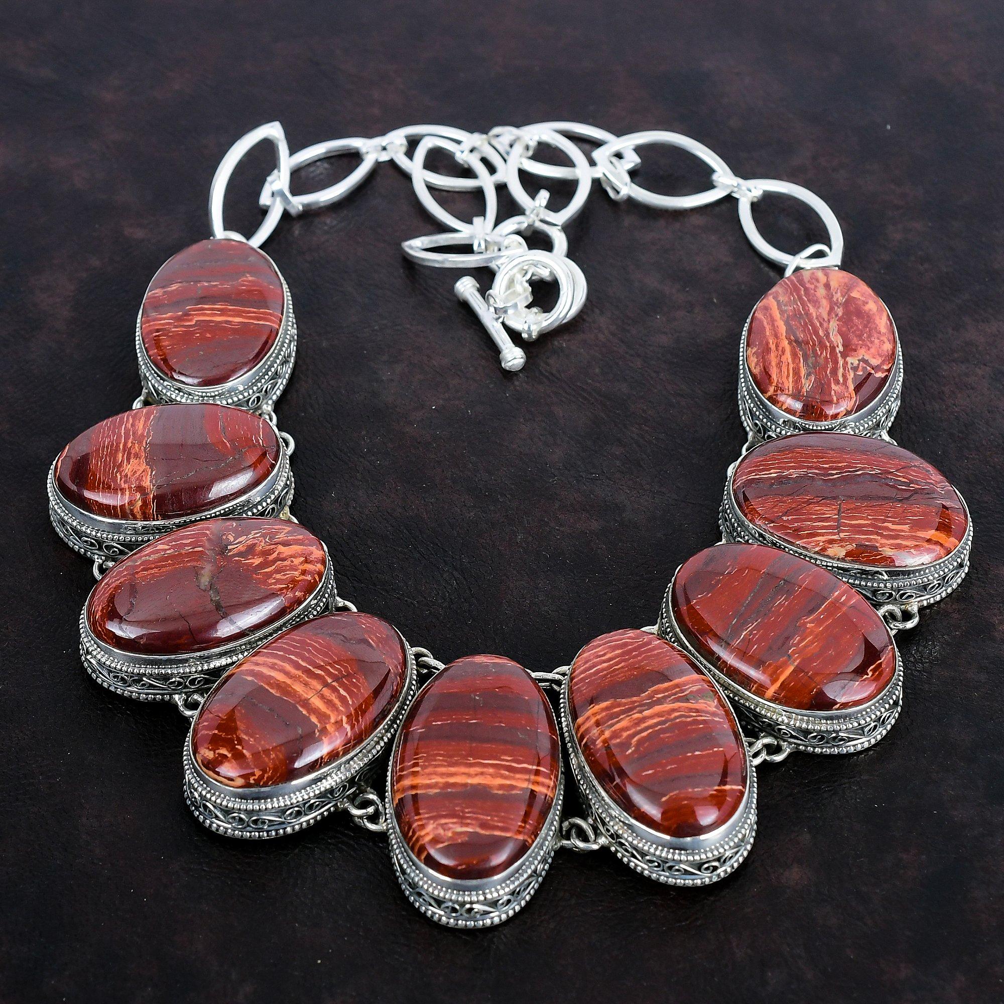 Ожерелье из красного змеиного яшмового камня, ожерелье ручной работы, винтажные ювелирные изделия, ожерелье из стерлингового серебра 925 пробы, регулируемое ожерелье-цепочка, подарок для нее