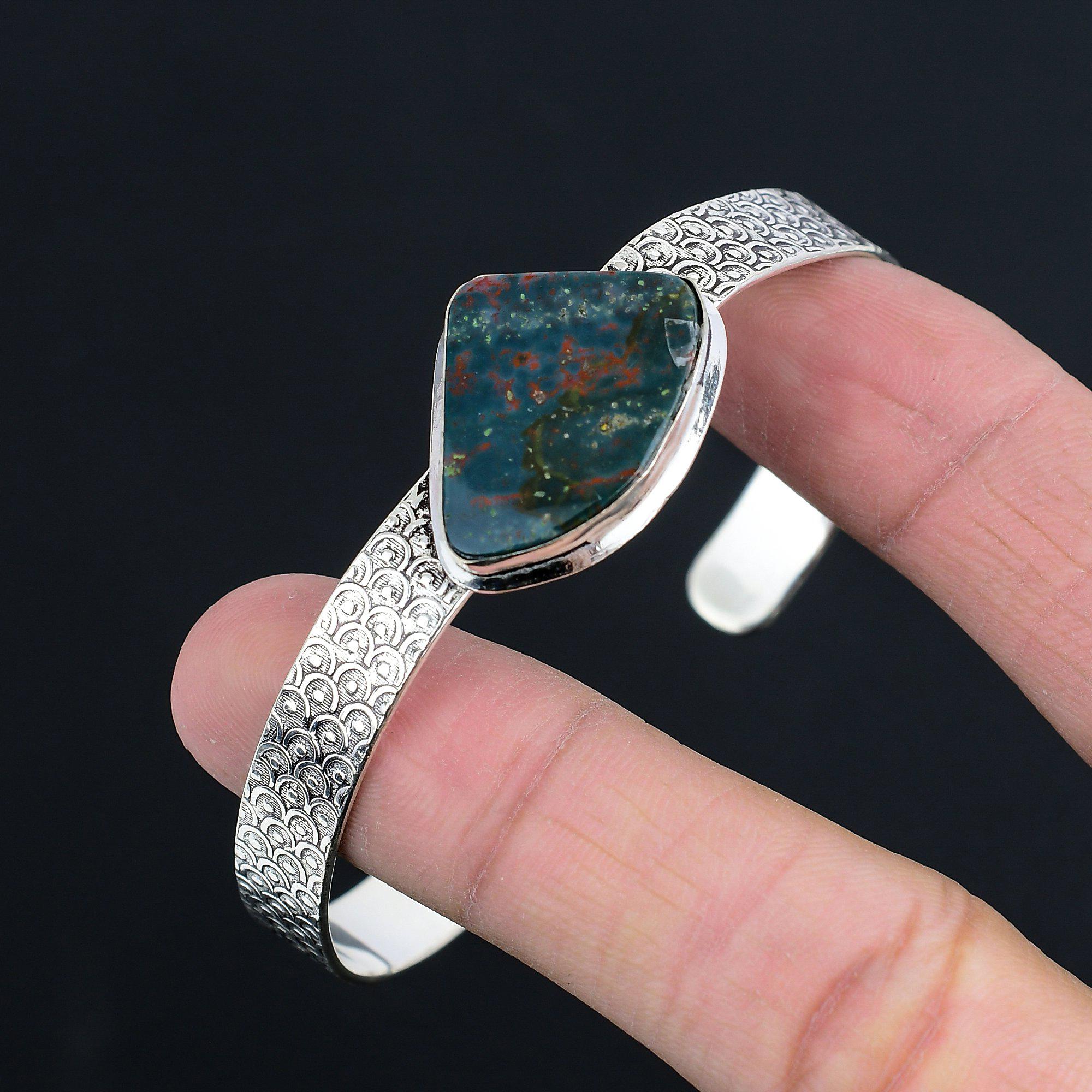 Серебро 925 пробы Браслет-манжета в стиле Бохо с камнем Кровавик (Bloodstone) для рожденных в марте, ручная работа, авторский