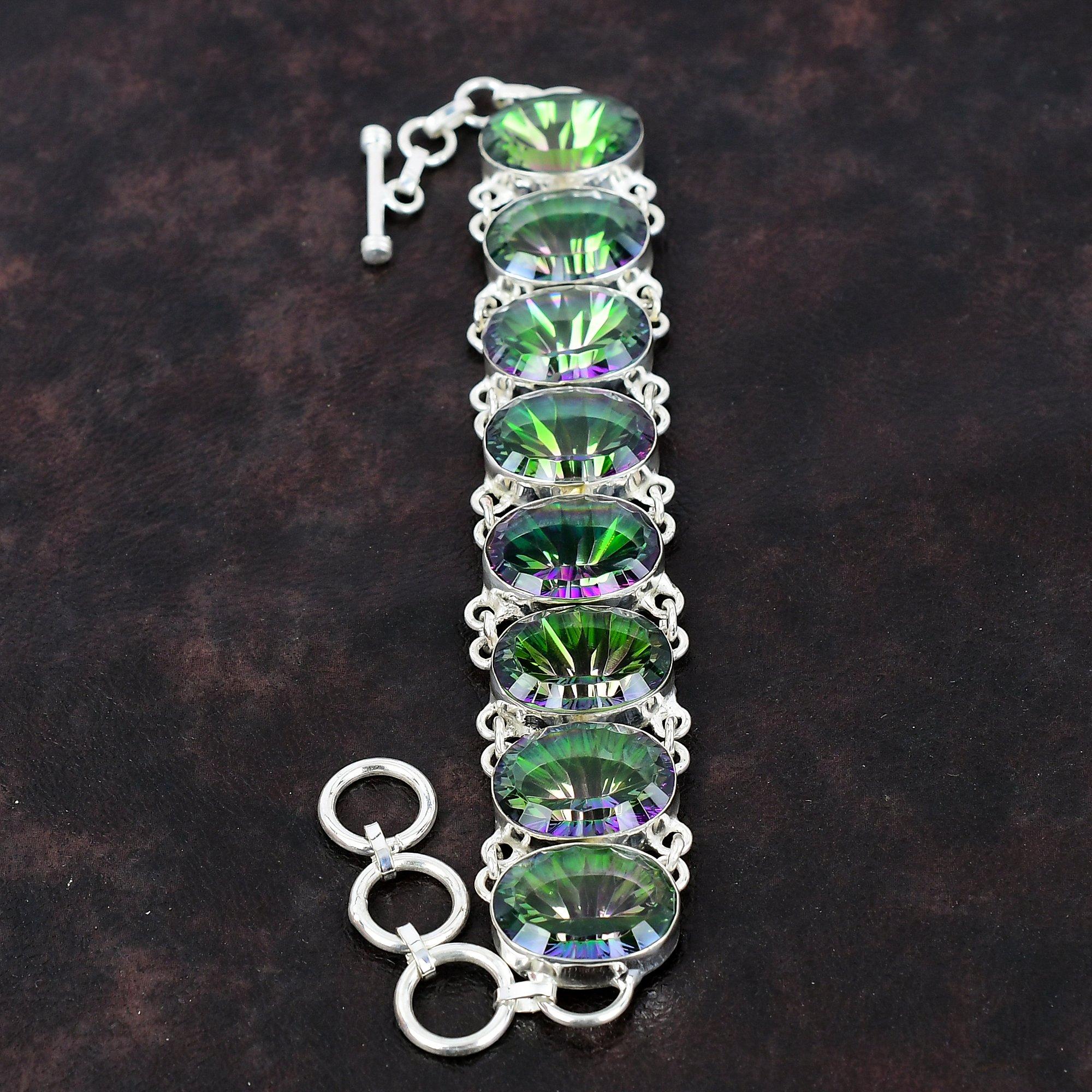 Браслет с граненым радужным мистическим топазом, браслет из стерлингового серебра 925 пробы, регулируемый браслет-цепочка, браслет ручной работы из натурального драгоценного камня, подарок для него