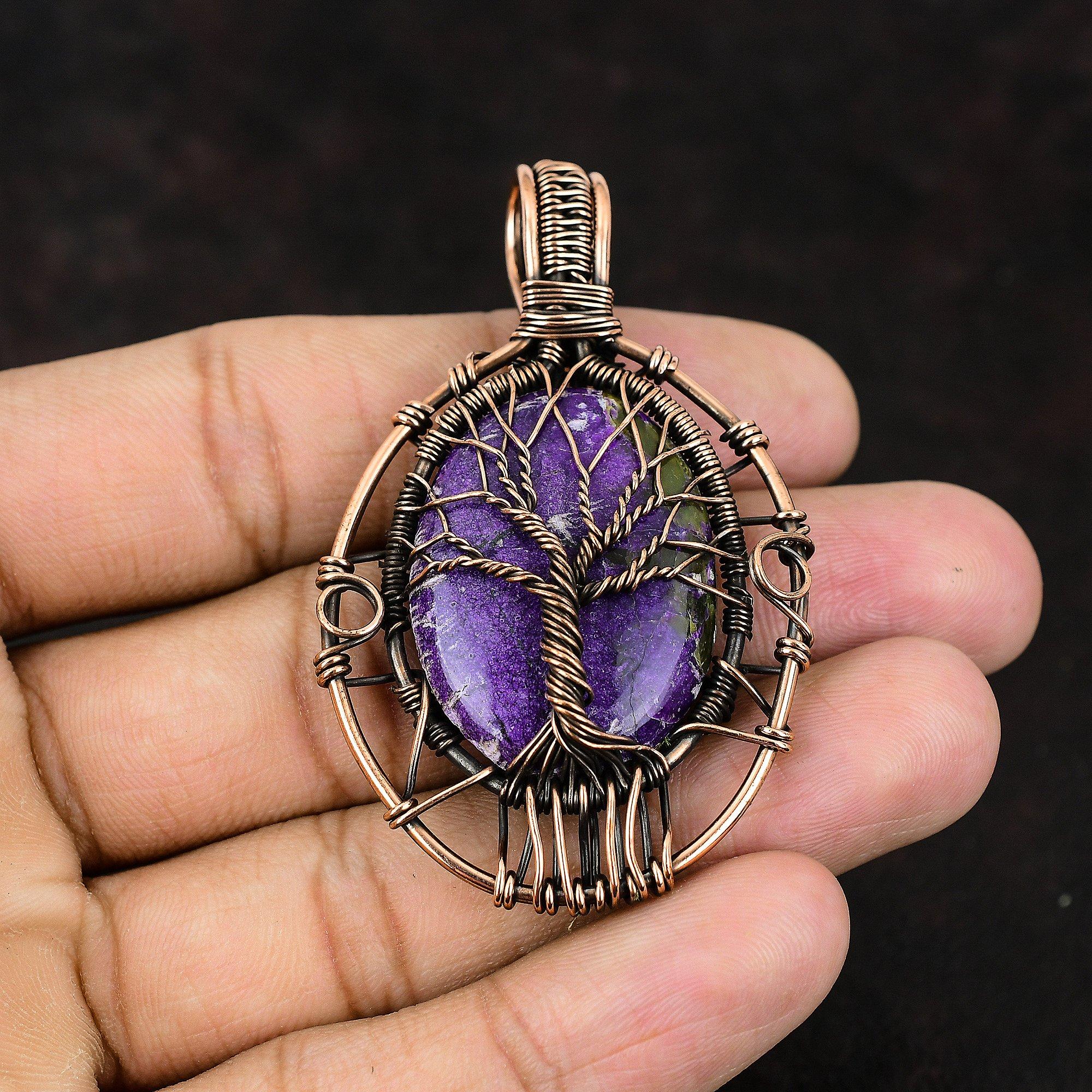 Подвеска из пурпурита «Дерево жизни» с драгоценным камнем, медной проволокой, подвеска ручной работы, проволочная обертка, ювелирное украшение в подарок для нее, изящные пурпуритовые украшения